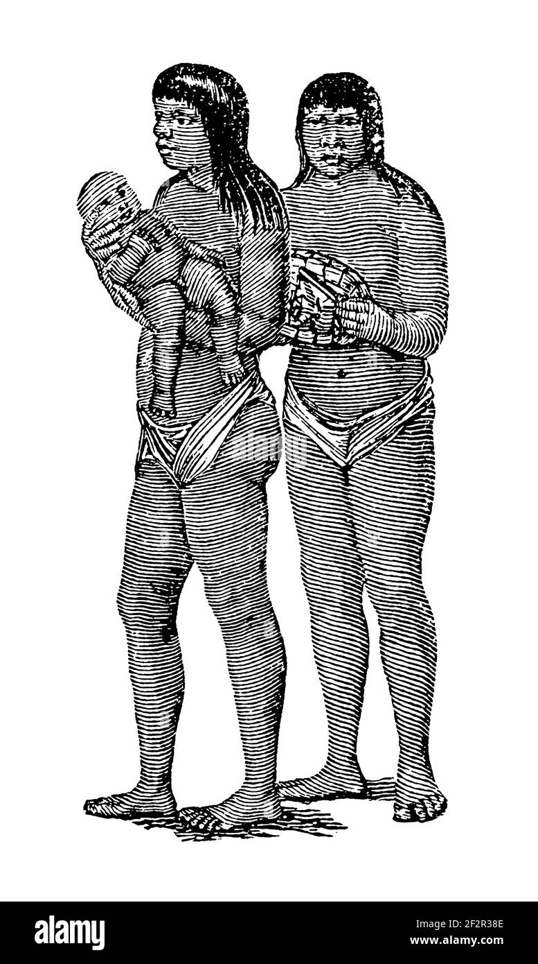 Incisione ottocentesca del popolo Ticuna. Illustrazione pubblicata in Systematischer Bilder-Atlas zum Conversations-Lexikon, Ikonographische Encyklopedi Foto Stock