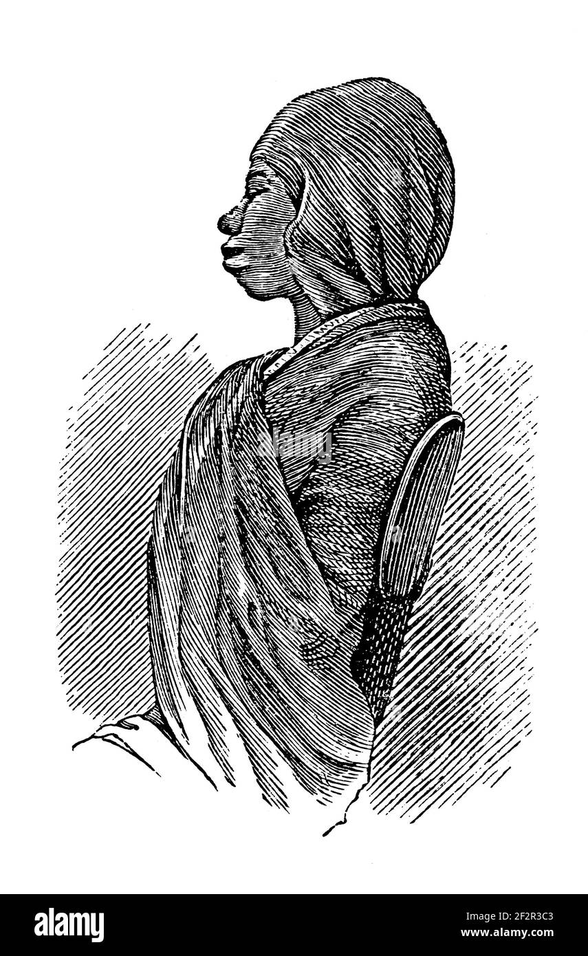 Antica illustrazione del XIX secolo di una donna swahili. Incisione pubblicata su Systematischer Bilder-Atlas zum Conversations-Lexikon, Ikonographische it Foto Stock