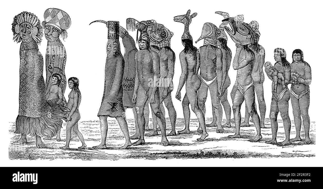 Incisione ottocentesca del popolo Ticuna. Illustrazione pubblicata in Systematischer Bilder-Atlas zum Conversations-Lexikon, Ikonographische Encyklopedi Foto Stock