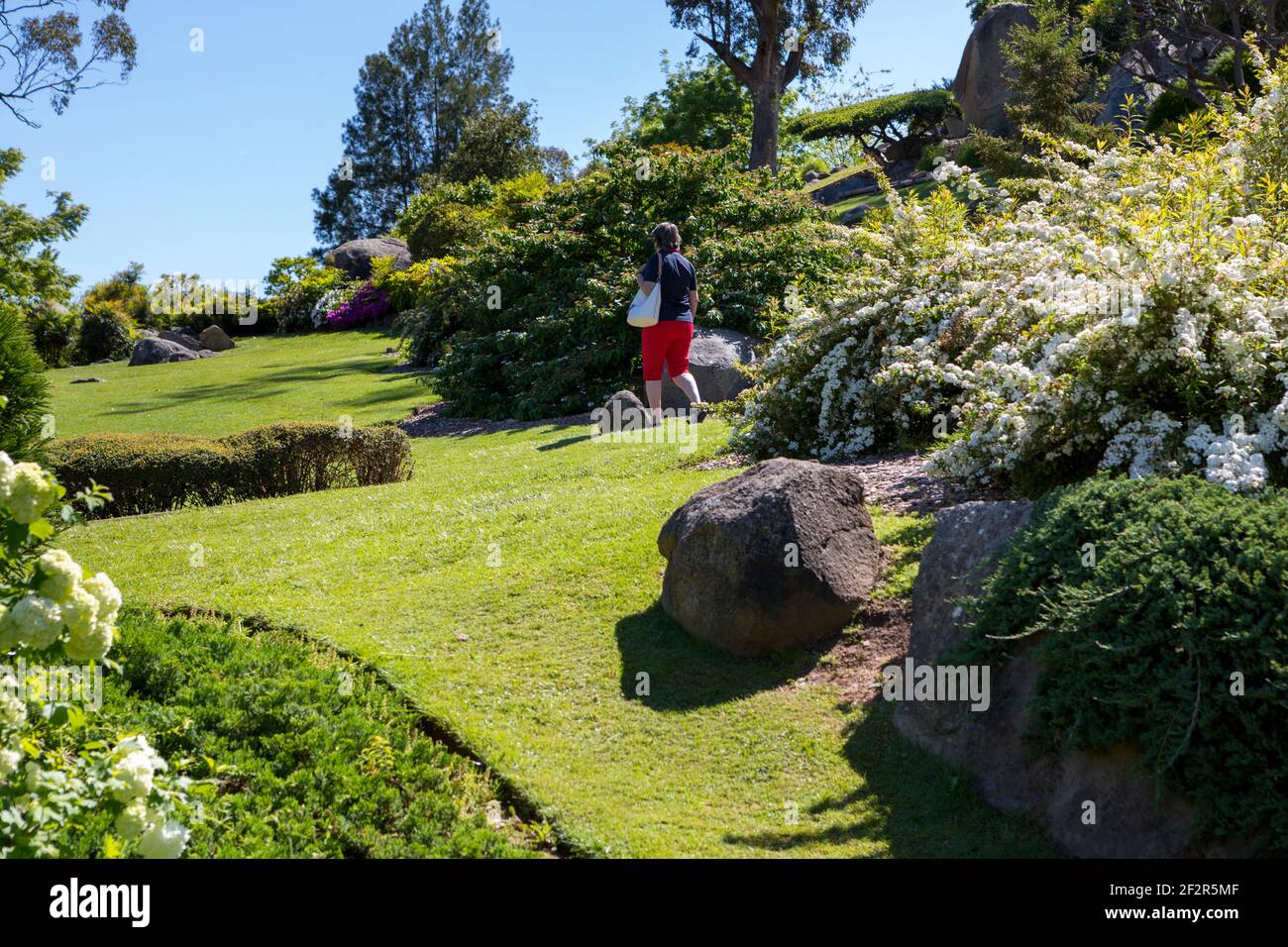 Donna turistica maschile in Japanese Gardens, Cowra, NSW, Australia Foto Stock