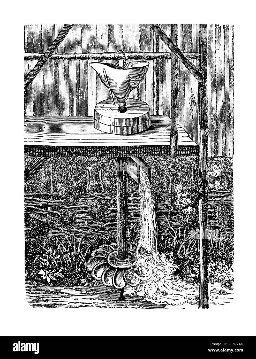 Antica illustrazione del XIX secolo di un mulino Bashkir. Incisione pubblicata su Systematischer Bilder-Atlas zum Conversations-Lexikon, Ikonographische Enc Foto Stock