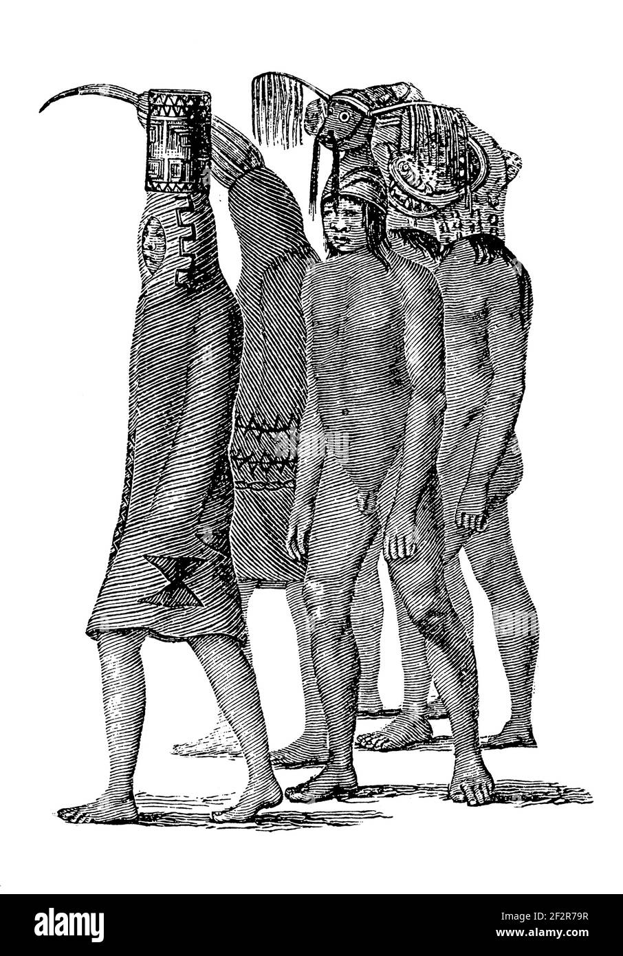 Incisione ottocentesca del popolo Ticuna. Illustrazione pubblicata in Systematischer Bilder-Atlas zum Conversations-Lexikon, Ikonographische Encyklopedi Foto Stock