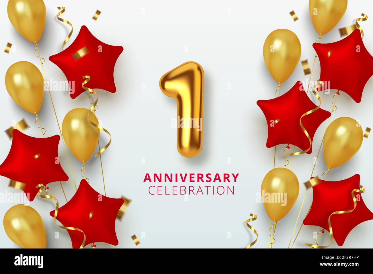 1 anniversario di celebrazione numero in forma di stella di palloncini dorati e rossi. Numeri d'oro 3d realistici e confetti scintillanti, serpentina. Vettore Illustrazione Vettoriale