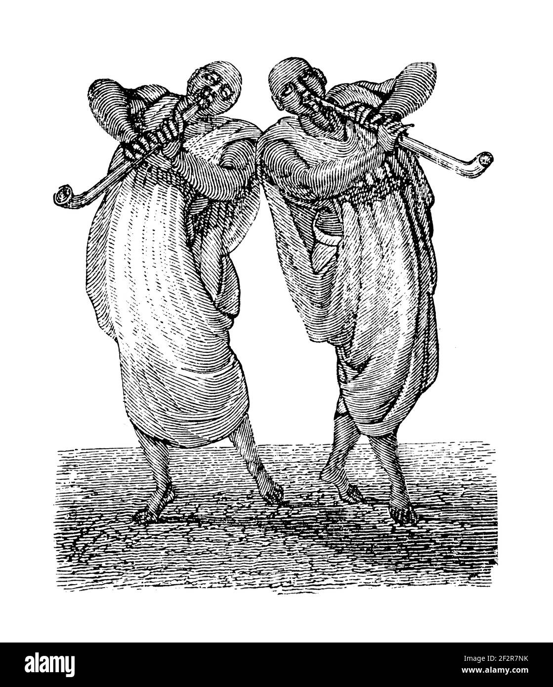 Illustrazione del XIX secolo dei musicisti Mandarawa. Incisione pubblicata su Systematischer Bilder-Atlas zum Conversations-Lexikon, Ikonographische Encykl Foto Stock