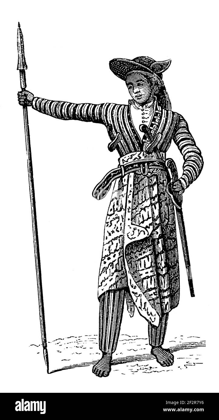 Antica incisione ottocentesca di un giavanese in uniforme militare. Illustrazione pubblicata in Systematischer Bilder-Atlas zum Conversations-Lexikon, Iko Foto Stock