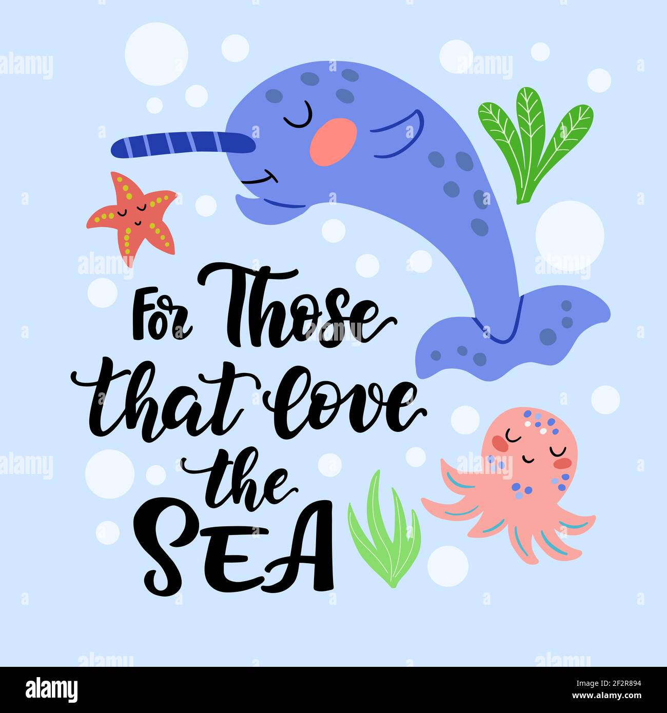 Set di simpatici narwhal e iscrizioni - per chi ama il mare, in grafica vettoriale su sfondo blu. Per la progettazione di copertine, stampe, fasciature Illustrazione Vettoriale