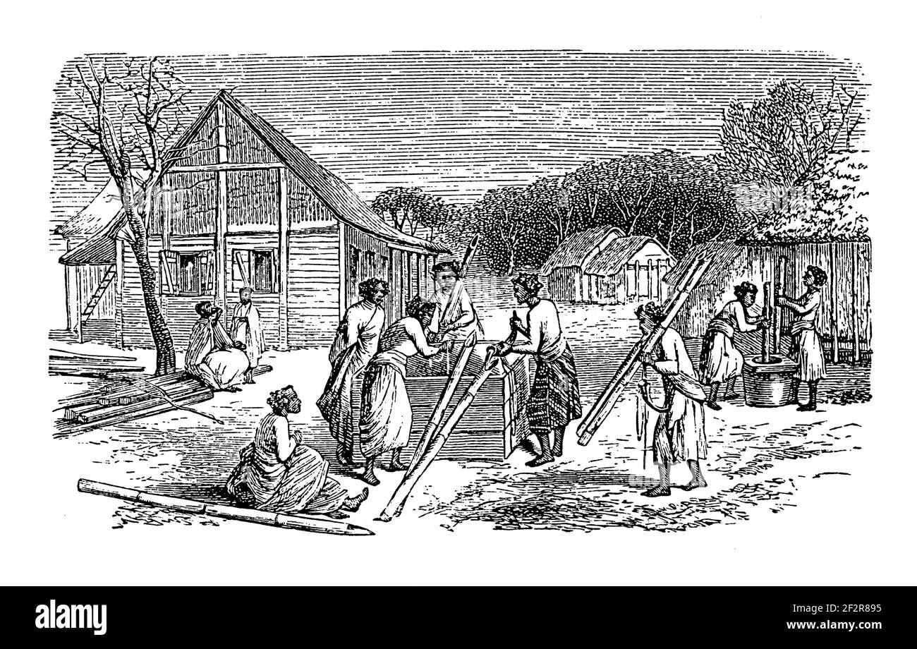 Antica incisione ottocentesca di schiavi che trasportano acqua a Toamasina, Madagascar. Illustrazione pubblicata in Systematischer Bilder-Atlas zum Conversati Foto Stock