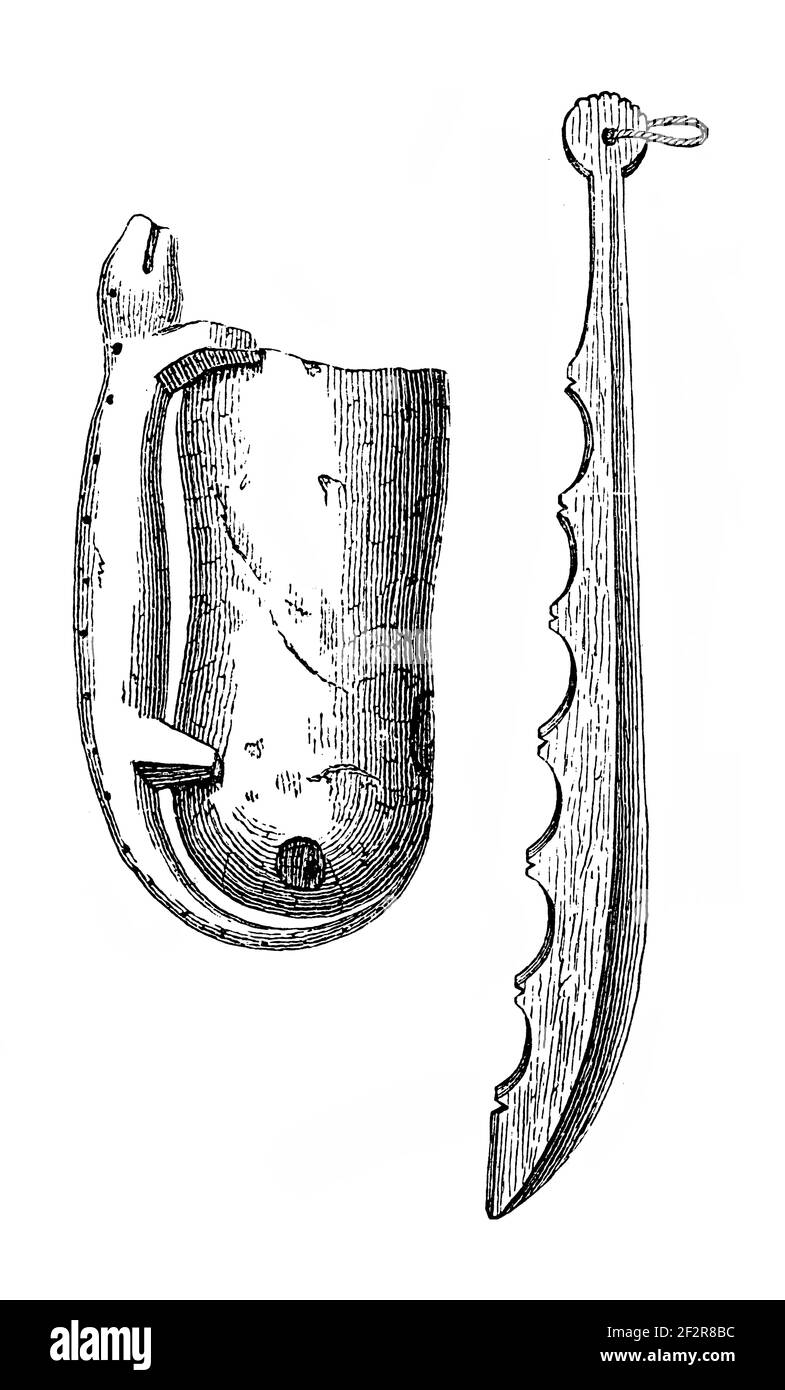 Incisione antica di manufatti indiani. Illustrazione pubblicata in Systematischer Bilder-Atlas zum Conversations-Lexikon, Ikonographische Encyklopedie Foto Stock