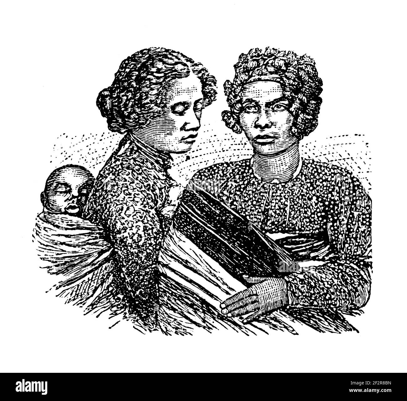 Incisione antica del XIX secolo di donne di hova del Madagascar. Illustrazione pubblicata in Systematischer Bilder-Atlas zum Conversations-Lexikon, Ikonogr Foto Stock