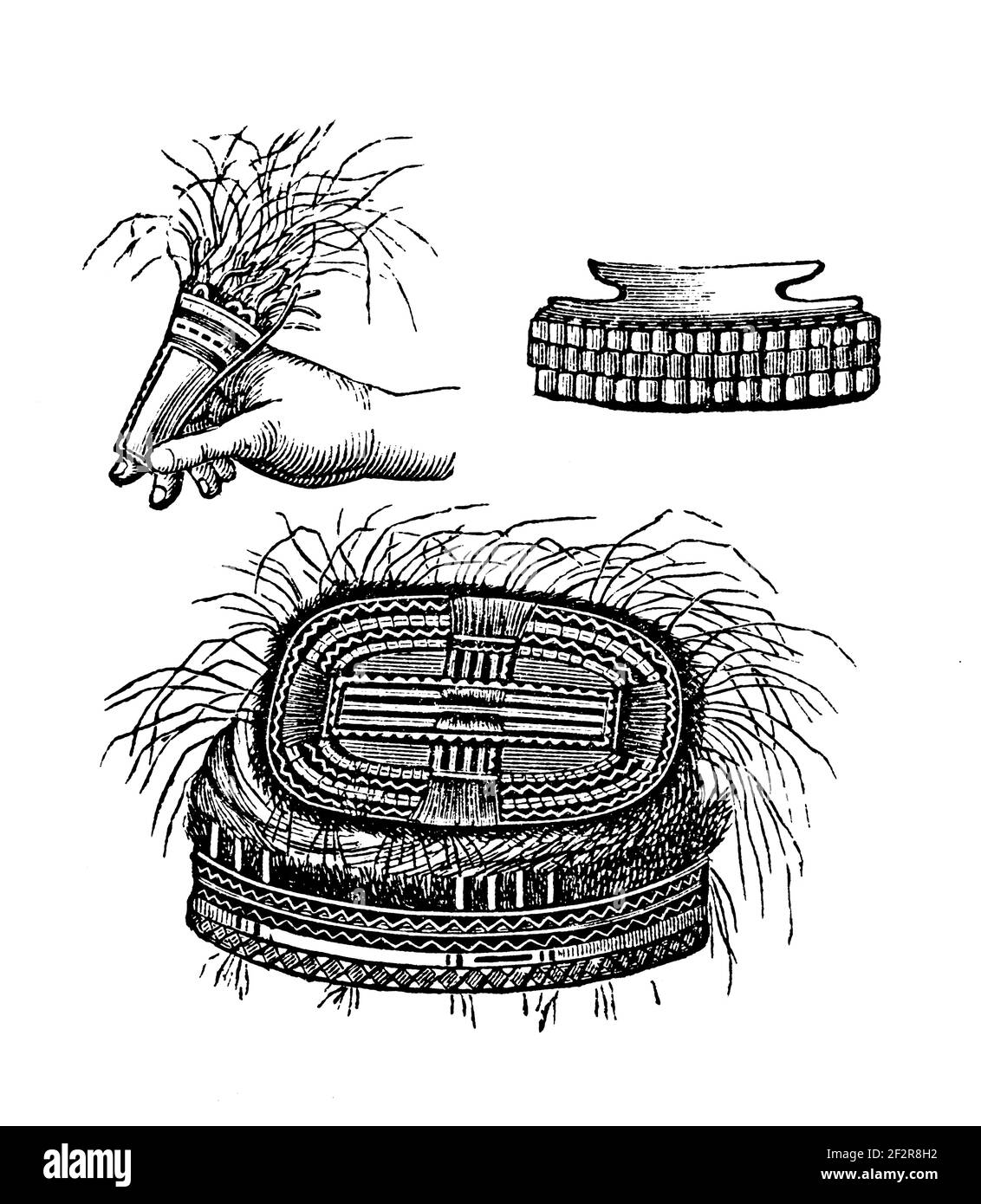 Incisione del XIX secolo di manufatti di Aleut. Illustrazione pubblicata in Systematischer Bilder-Atlas zum Conversations-Lexikon, Ikonographische Encyklopae Foto Stock