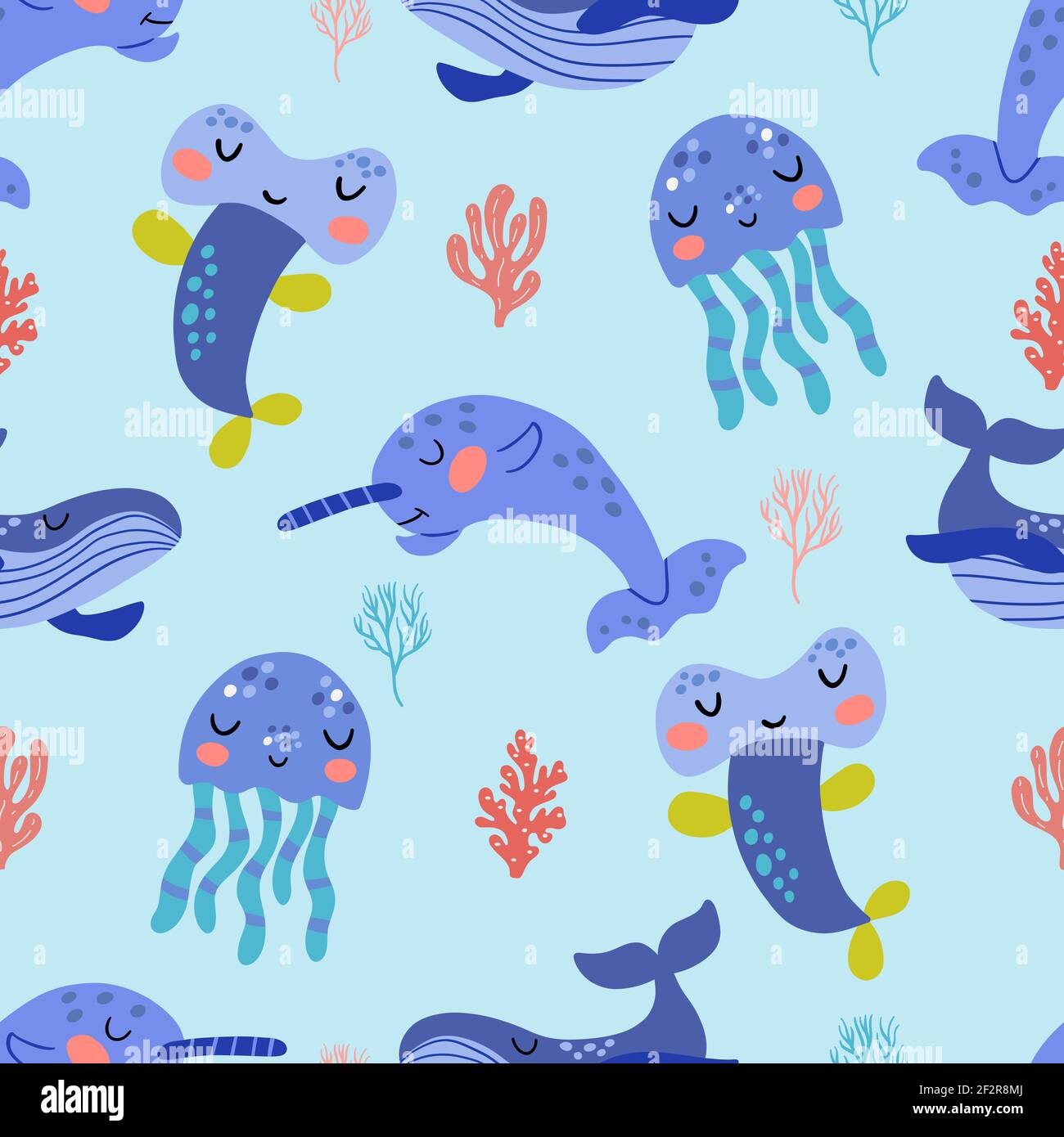 Pattern senza cuciture con l'immagine di carini animali marini in grafica vettoriale. Per la progettazione di stampe su tessuti, vestiti per bambini, copertine, carta da imballaggio Illustrazione Vettoriale