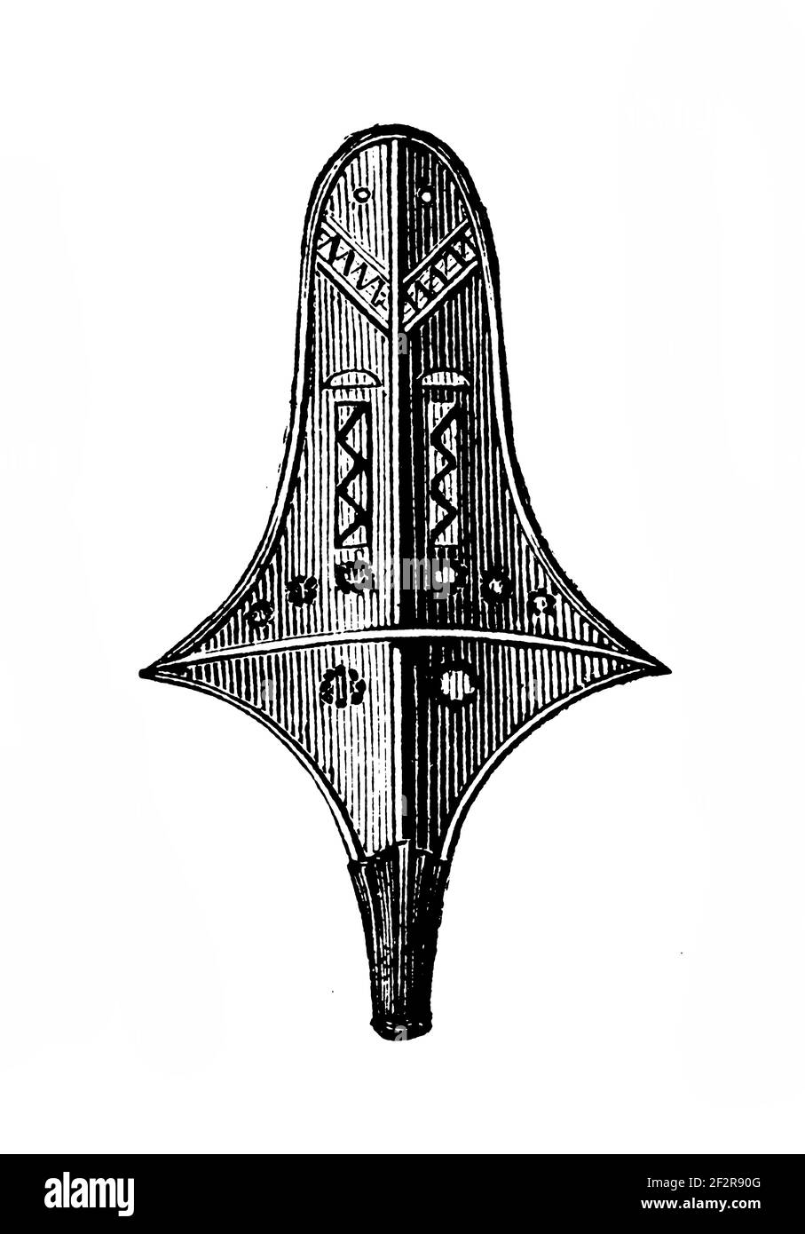 Illustrazione del XIX secolo di manufatti della Nuova Guinea. Incisione pubblicata su Systematischer Bilder-Atlas zum Conversations-Lexikon, Ikonographische Foto Stock