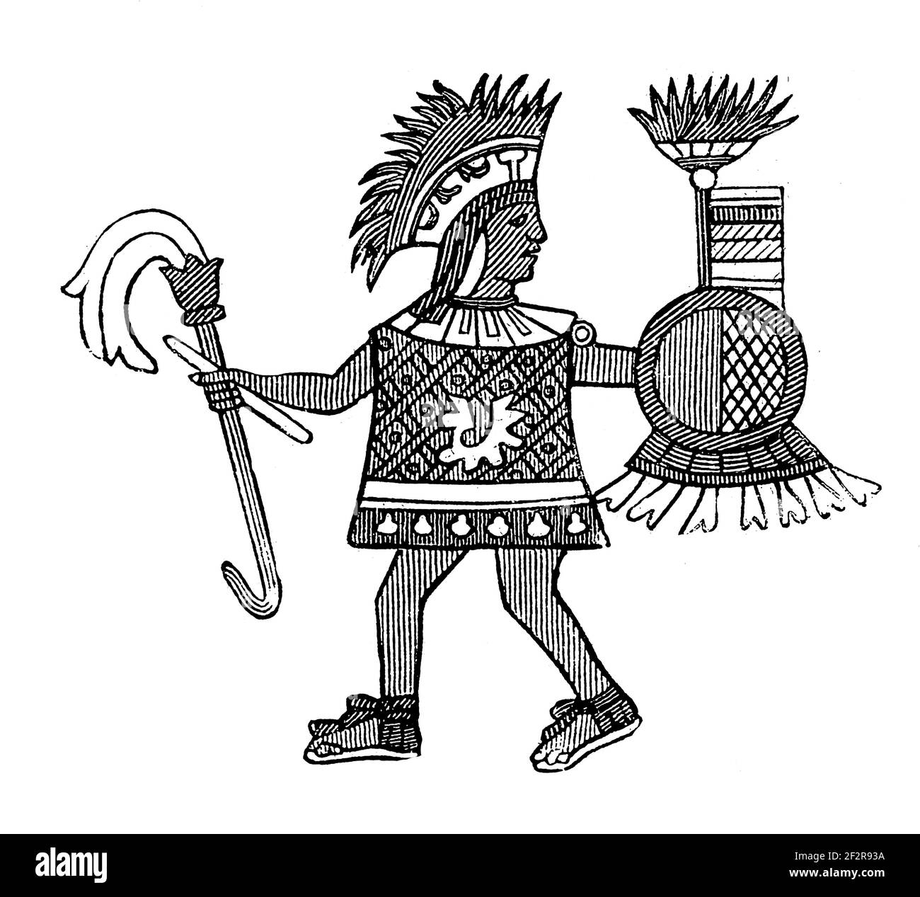 Antica incisione di guerrieri zapotec, cultura nativa americana. Illustrazione pubblicata in Systematischer Bilder-Atlas zum Conversations-Lexikon Foto Stock
