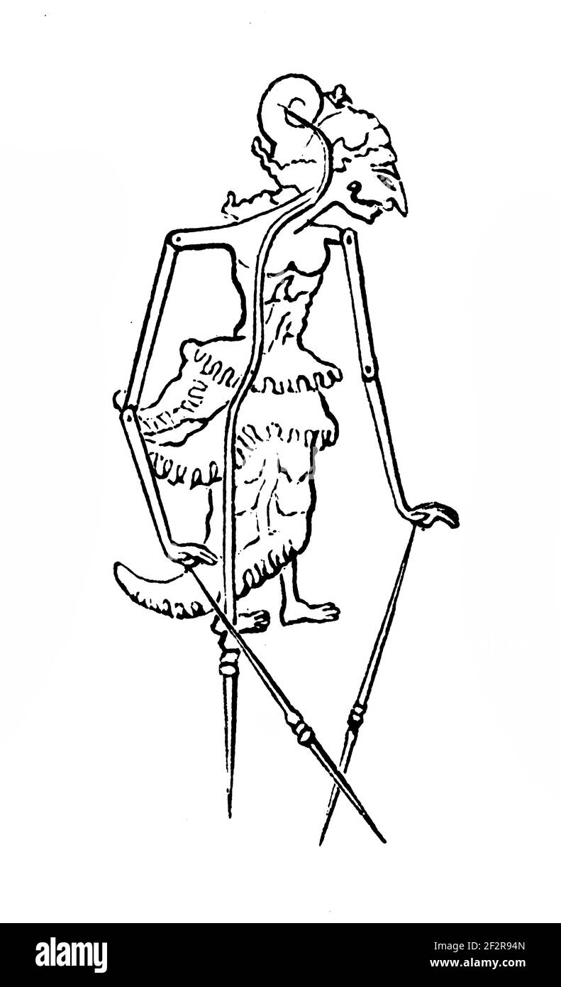 Antica illustrazione del XIX secolo delle maschere giavanesi. Incisione pubblicata su Systematischer Bilder-Atlas zum Conversations-Lexikon, Ikonographische Enc Foto Stock