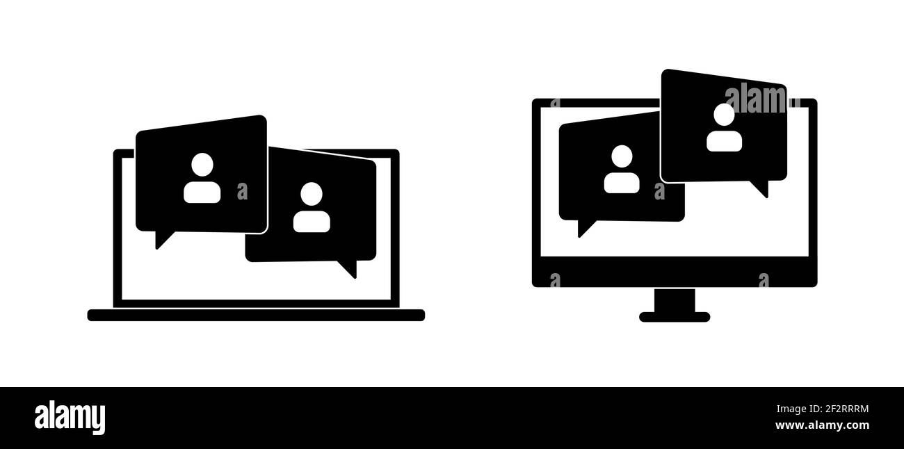 Video Conferenza Incontri online teleconferenza su laptop icona Chat virtuale simbolo segno. Adatto per classi scolastiche online, lavoro da casa WFH, Web Illustrazione Vettoriale
