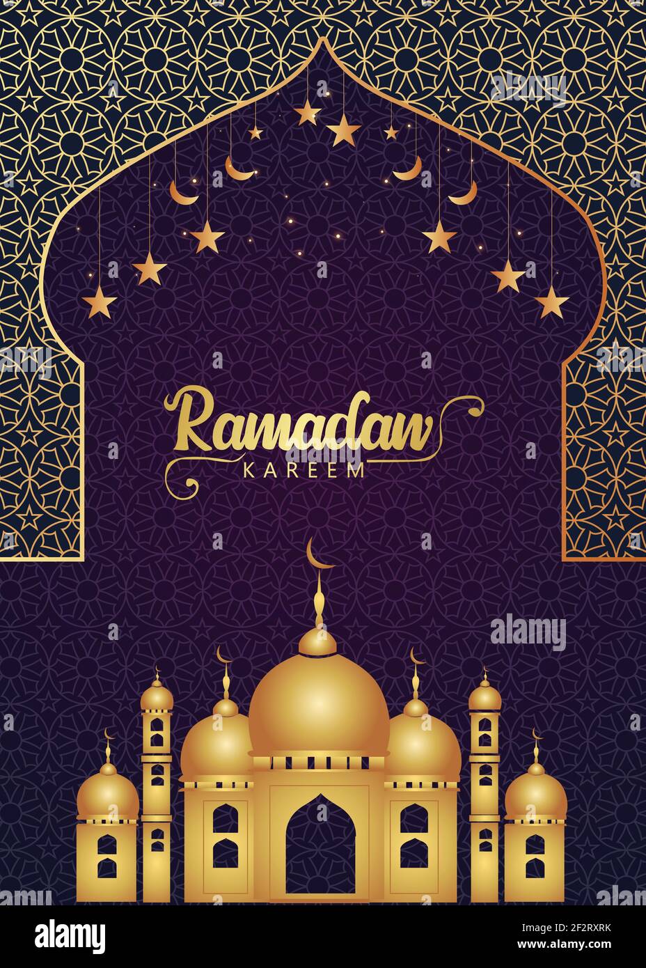 Crescent Islamic con Lanterna a chiodatura per Ramadan Kareem e eid mubarak. Motivo della Luna di mezzo dorato,illustrazione background.Vector Illustrazione Vettoriale