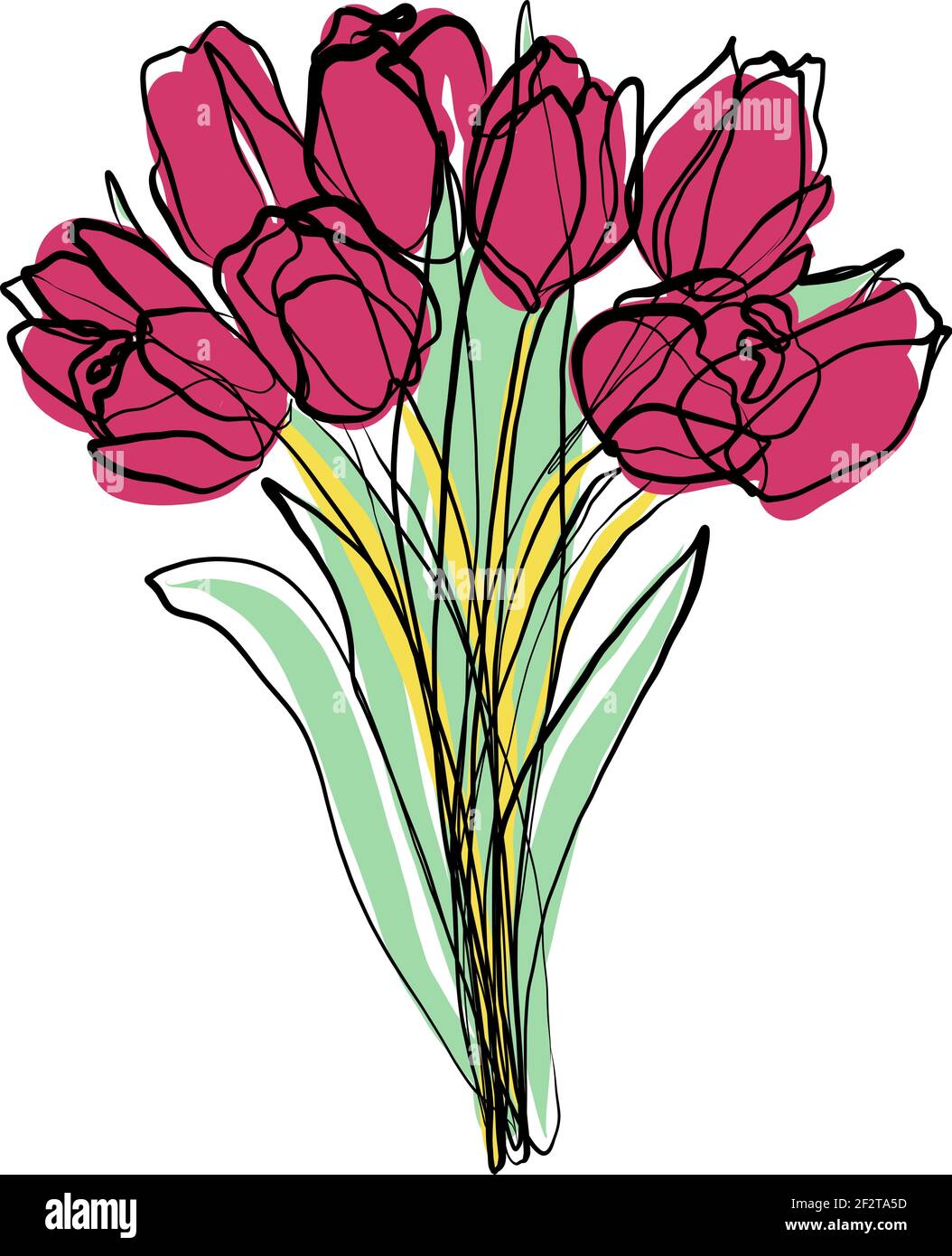 Illustrazione di bouquet di tulipani, schizzo vettoriale di fiore, doodle. Fiori un disegno a linea continua, macchie colorate. Un saluto di primavera. Illustrazione Vettoriale