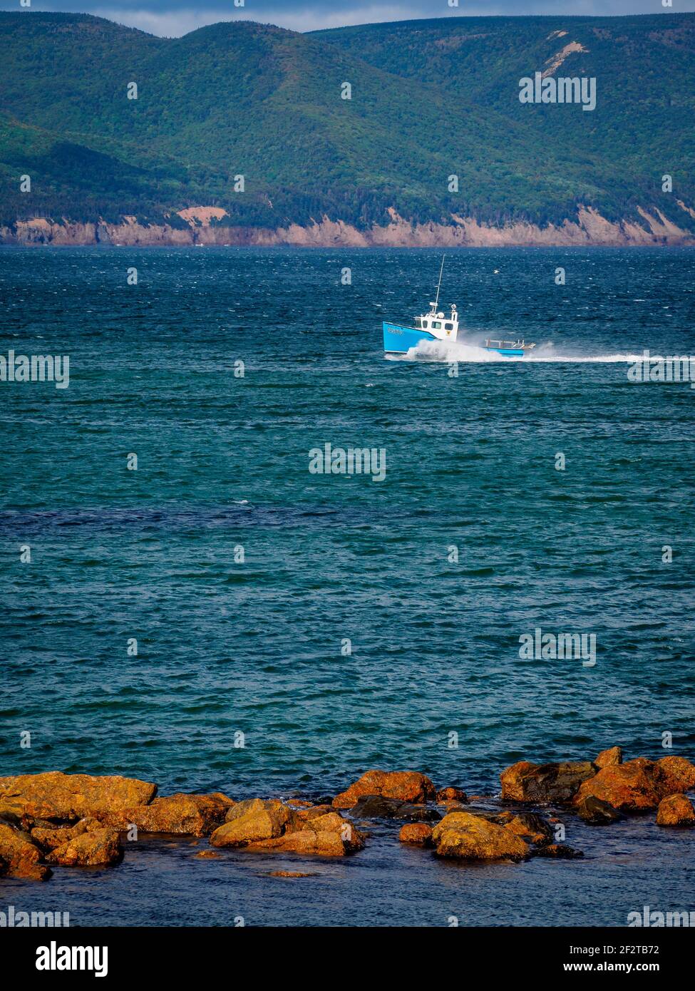 Una barca da pesca si diriga verso Neals Harbour a Nova Scotia, Canada Foto Stock
