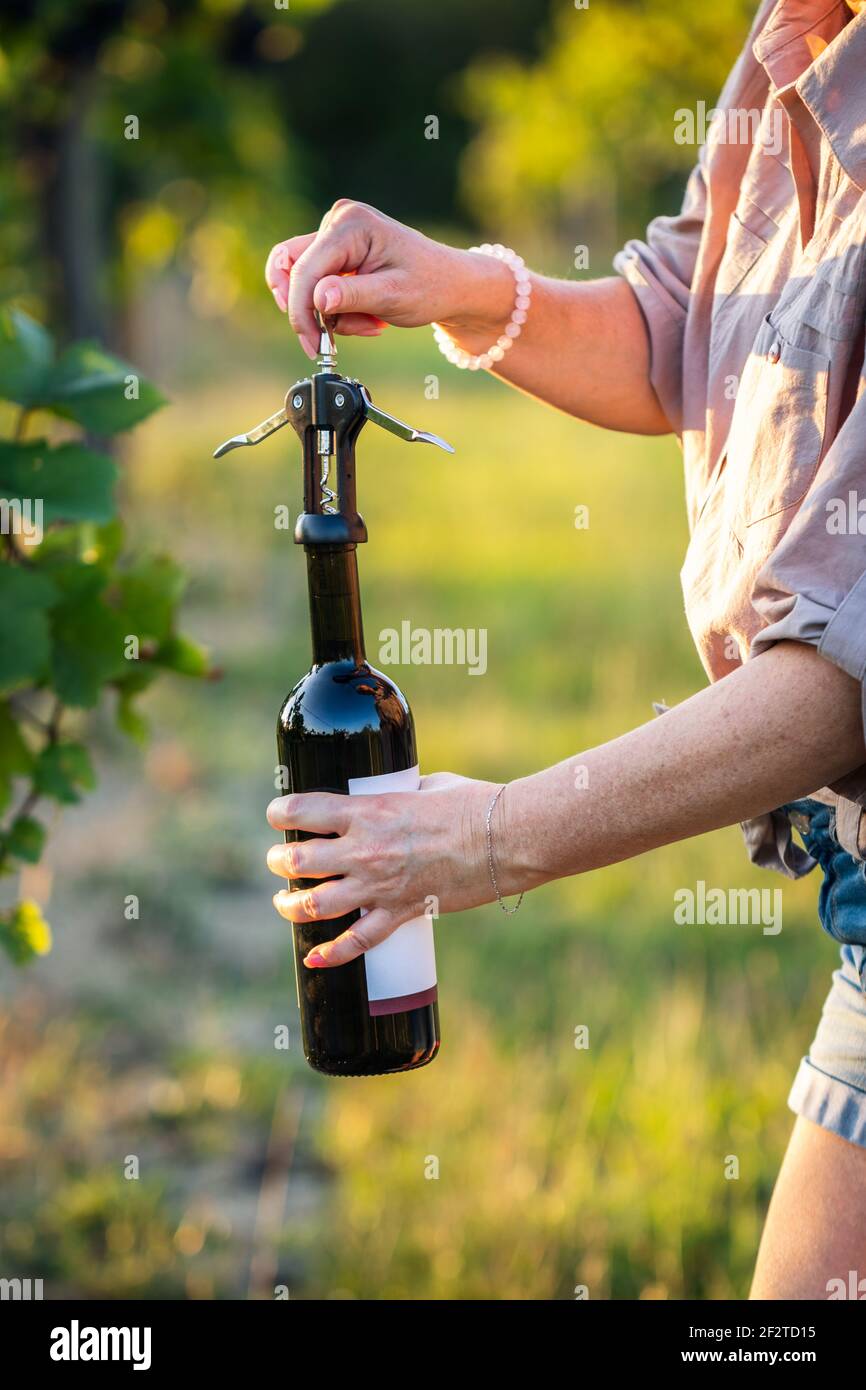 Donna che apre una bottiglia di vino rosso con cavatappi in vigna. Estrazione del sughero da bottiglia all'esterno. Messa a fuoco selettiva Foto Stock