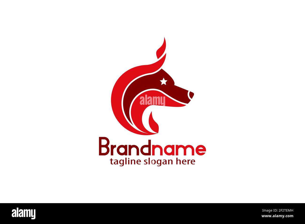 Logo Wolf Head con design a fiamma, logo moderno adatto a qualsiasi industria basata su energia e forza. Illustrazione Vettoriale
