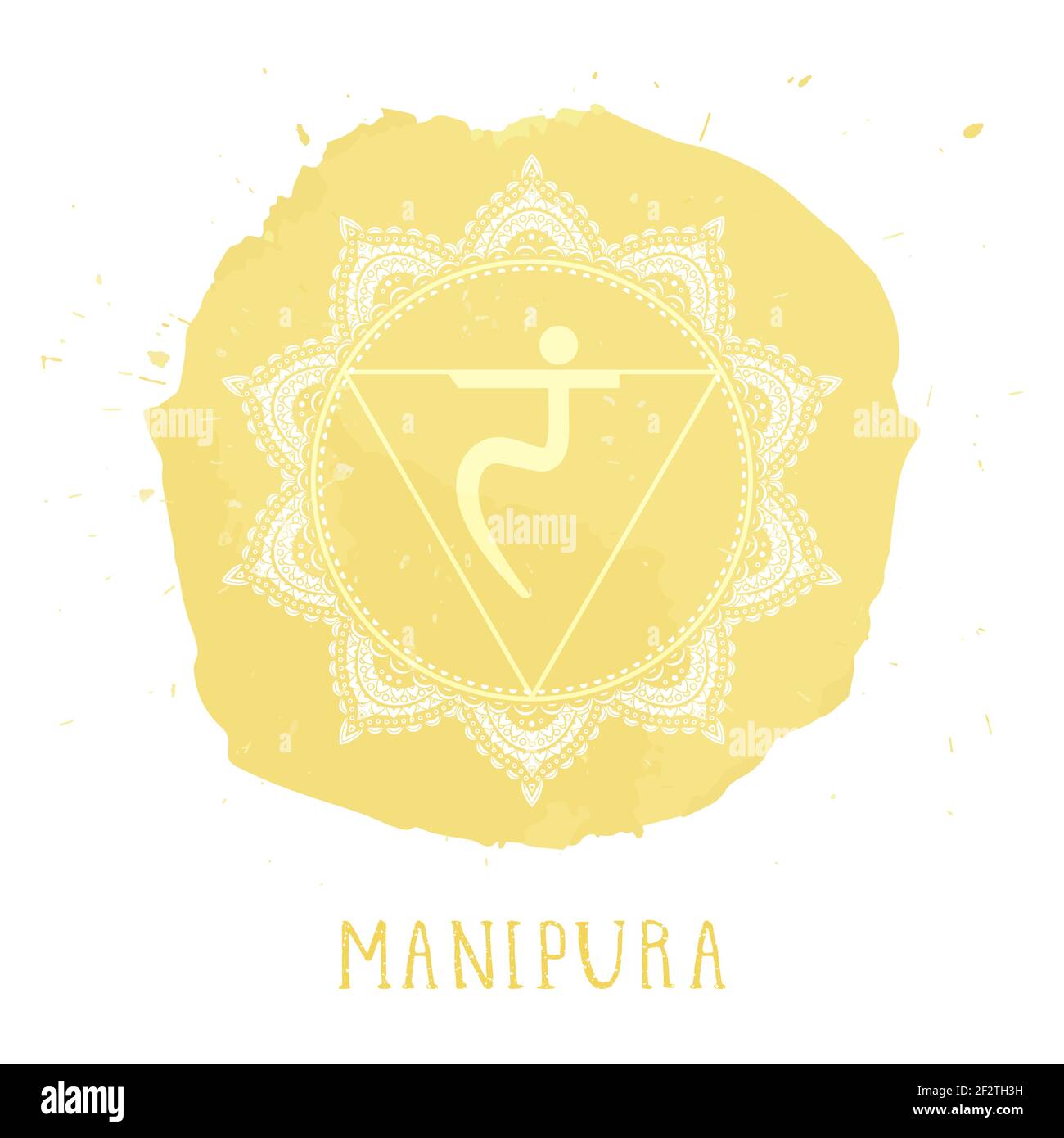 Illustrazione vettoriale con il simbolo Manipura - Solar Plexus chakra ed elemento acquerello su sfondo bianco. Cerchio modello mandala e la lett disegnata a mano Illustrazione Vettoriale