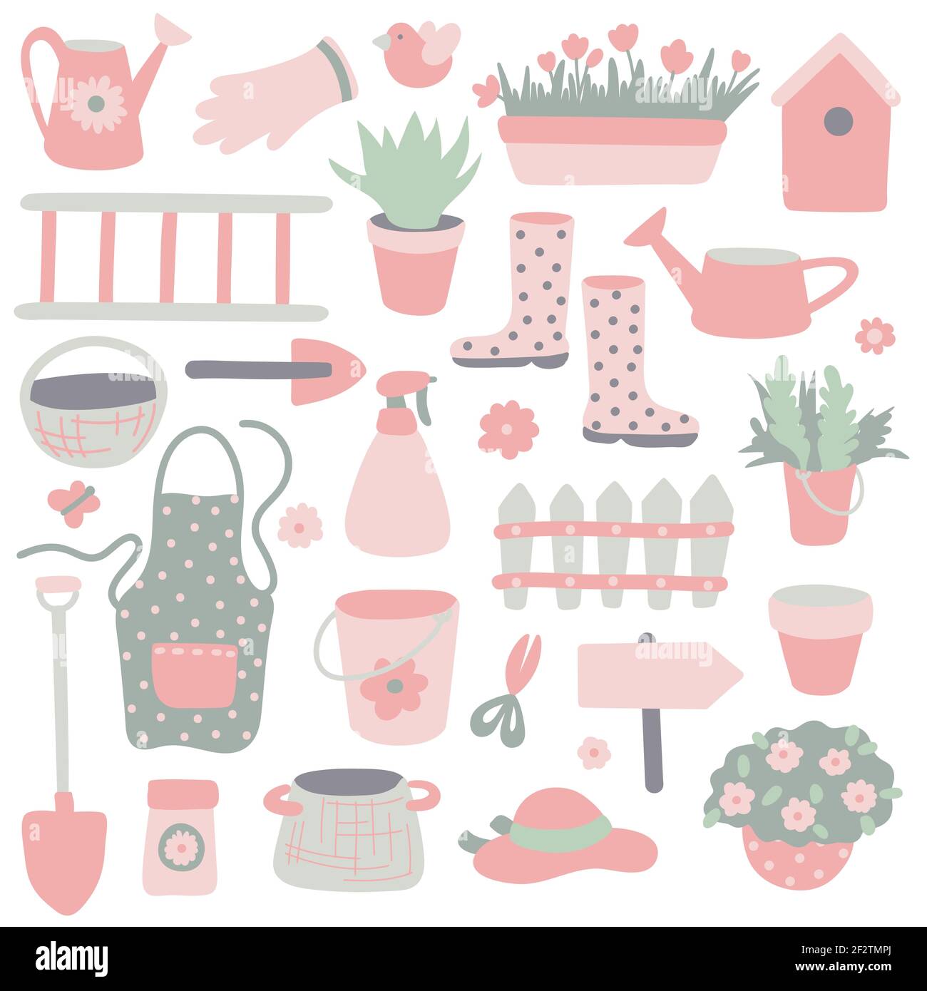 Carino set primaverile con attrezzi da giardino di colore verde e rosa. Collezione per il giardinaggio. Fattoria Simmer vivere. Immagine vettoriale piatta disegnata a mano Illustrazione Vettoriale