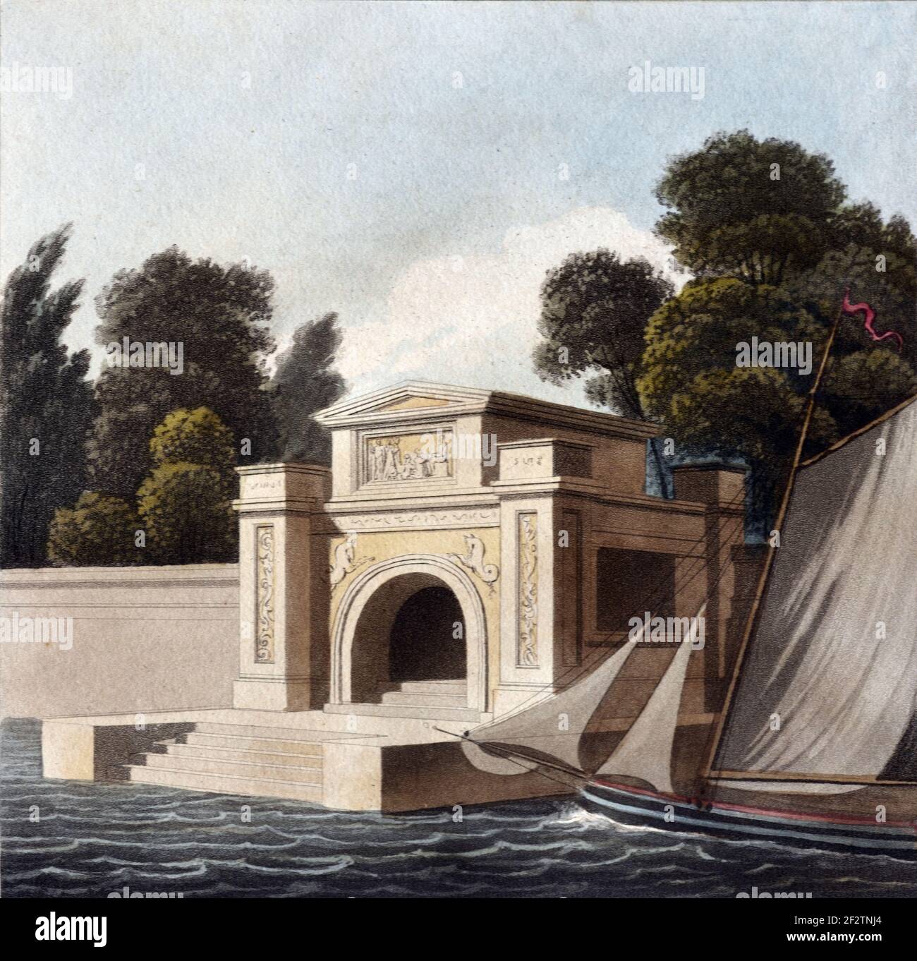 Porta d'acqua neoclassica o Watergate & Yacht (1827) disegno architettonico d'epoca, Aquatint o incisione di James Thomson (1827) Foto Stock