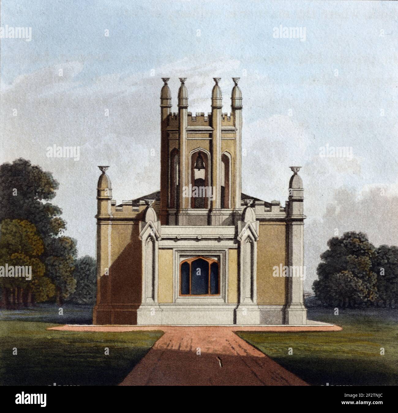 Cappella privata neo-gotica (1827) disegno architettonico d'epoca, acquatinto o incisione di James Thomson (1827) Foto Stock