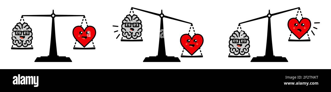 Cute Kawaii stile cervello e cuore su scale di peso, equilibrato o un lato più pesante versione, emozioni e pensiero razionale conflitto concetto Illustrazione Vettoriale
