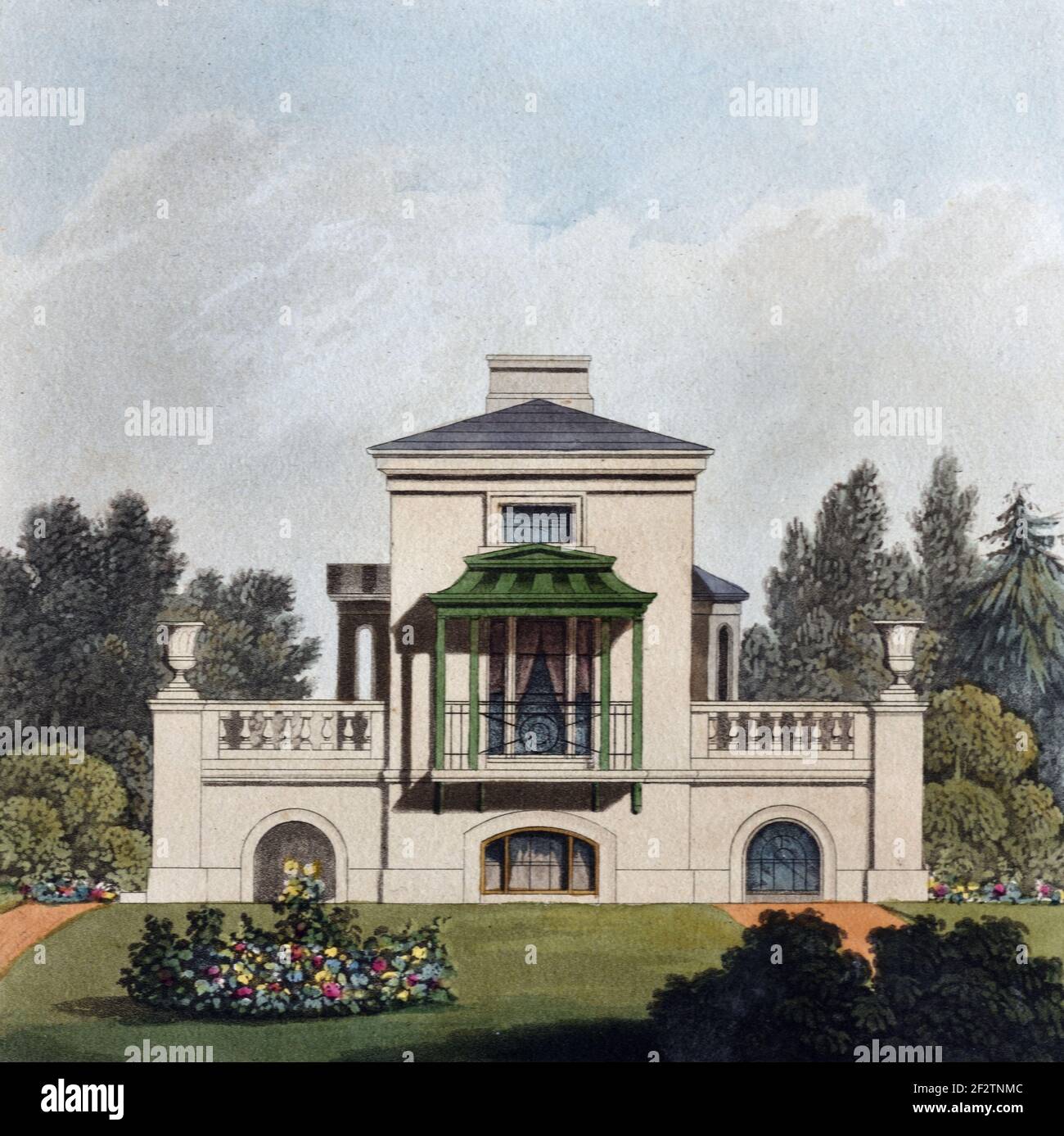 Villa Neoclassica regolare, casa indipendente, casa di famiglia o cottage georgiano (1827) disegno architettonico vintage, Aquatint o incisione di James Thomson (1827) Foto Stock