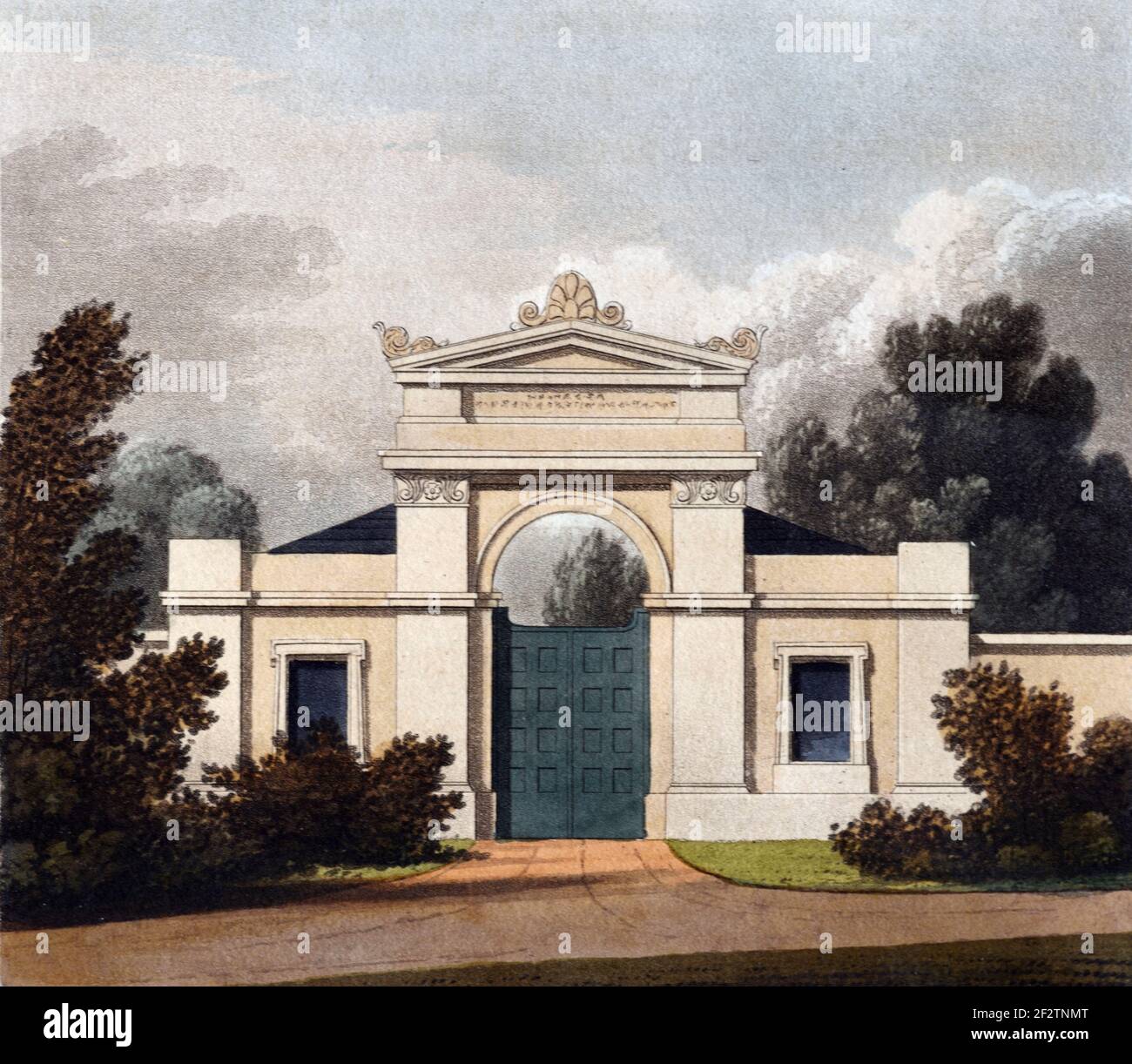 Ingresso monumentale classico o neoclassico, ingresso al cancello o al parco (1827) disegno architettonico d'epoca, acquatinto o incisione di James Thomson (1827) Foto Stock