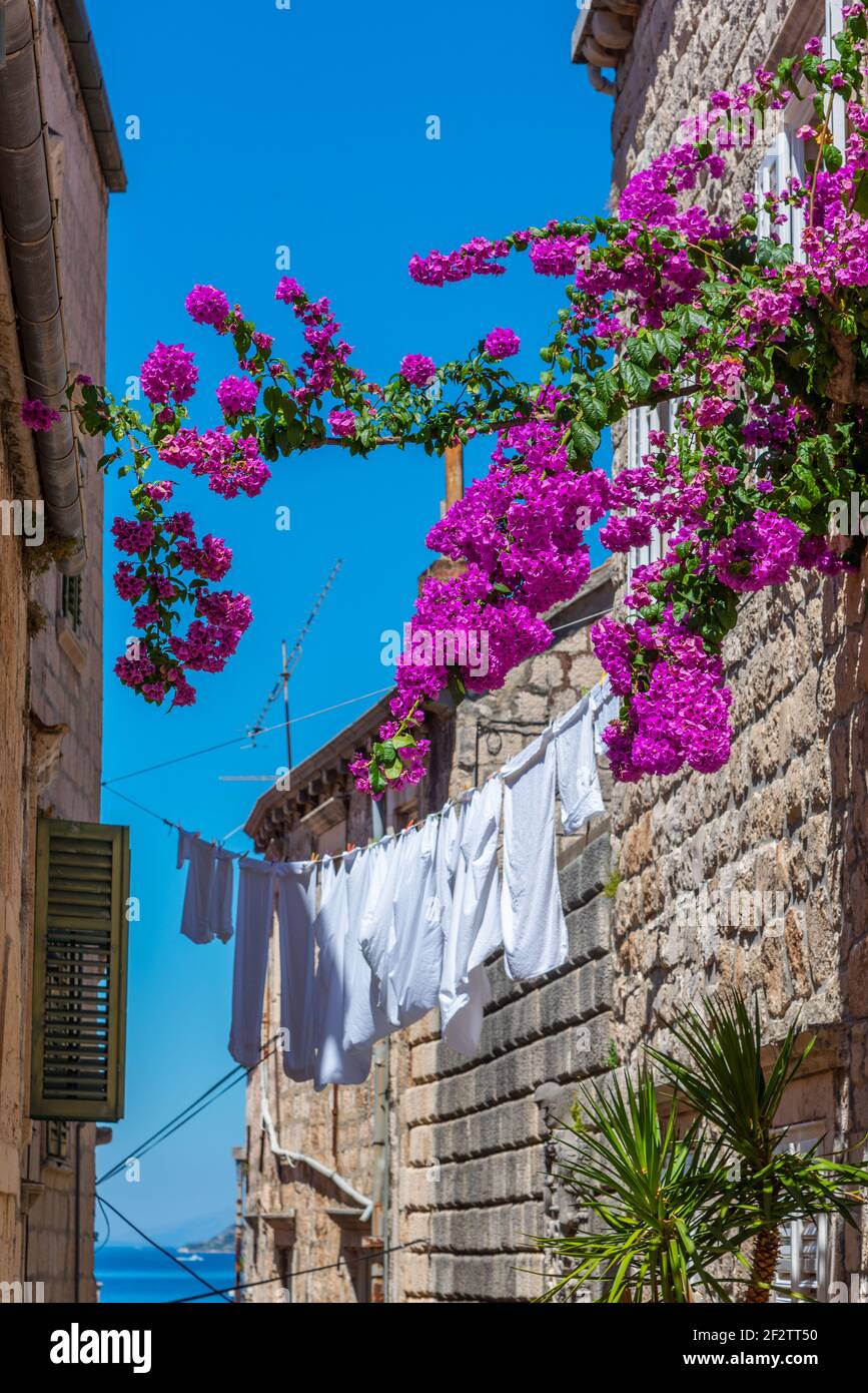 Lavanderia appesa su una strada stretta a Korcula, Croazia Foto Stock