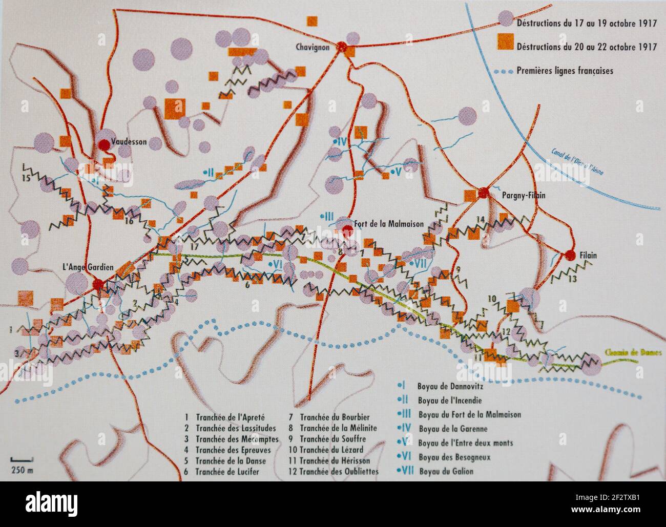 Una mappa che mostra la posizione delle trincee lungo la parte occidentale Davanti a Chemin des Dames France Foto Stock