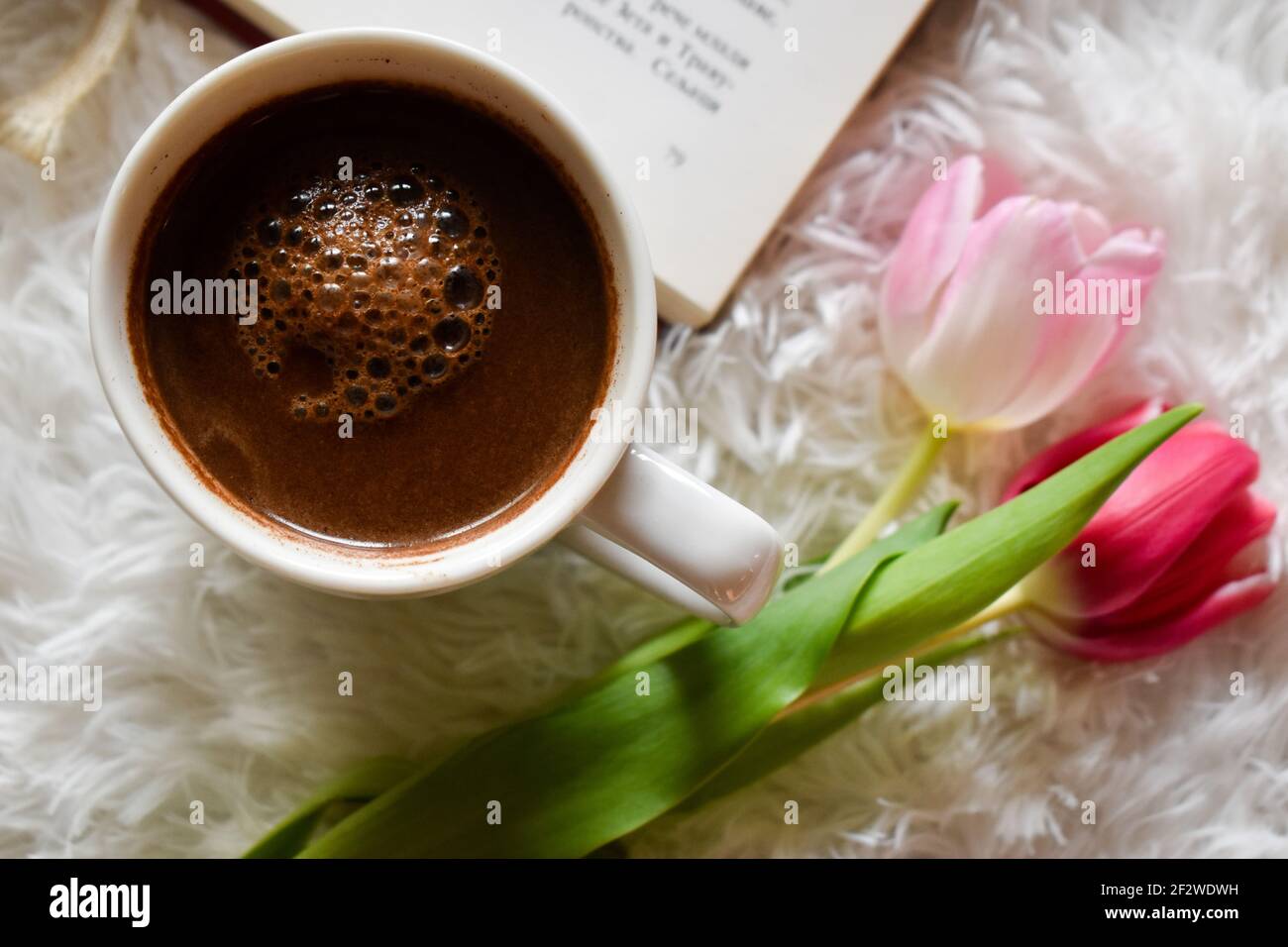 Caffè, tulipani e un libro su un tappeto di pelliccia bianca Foto Stock