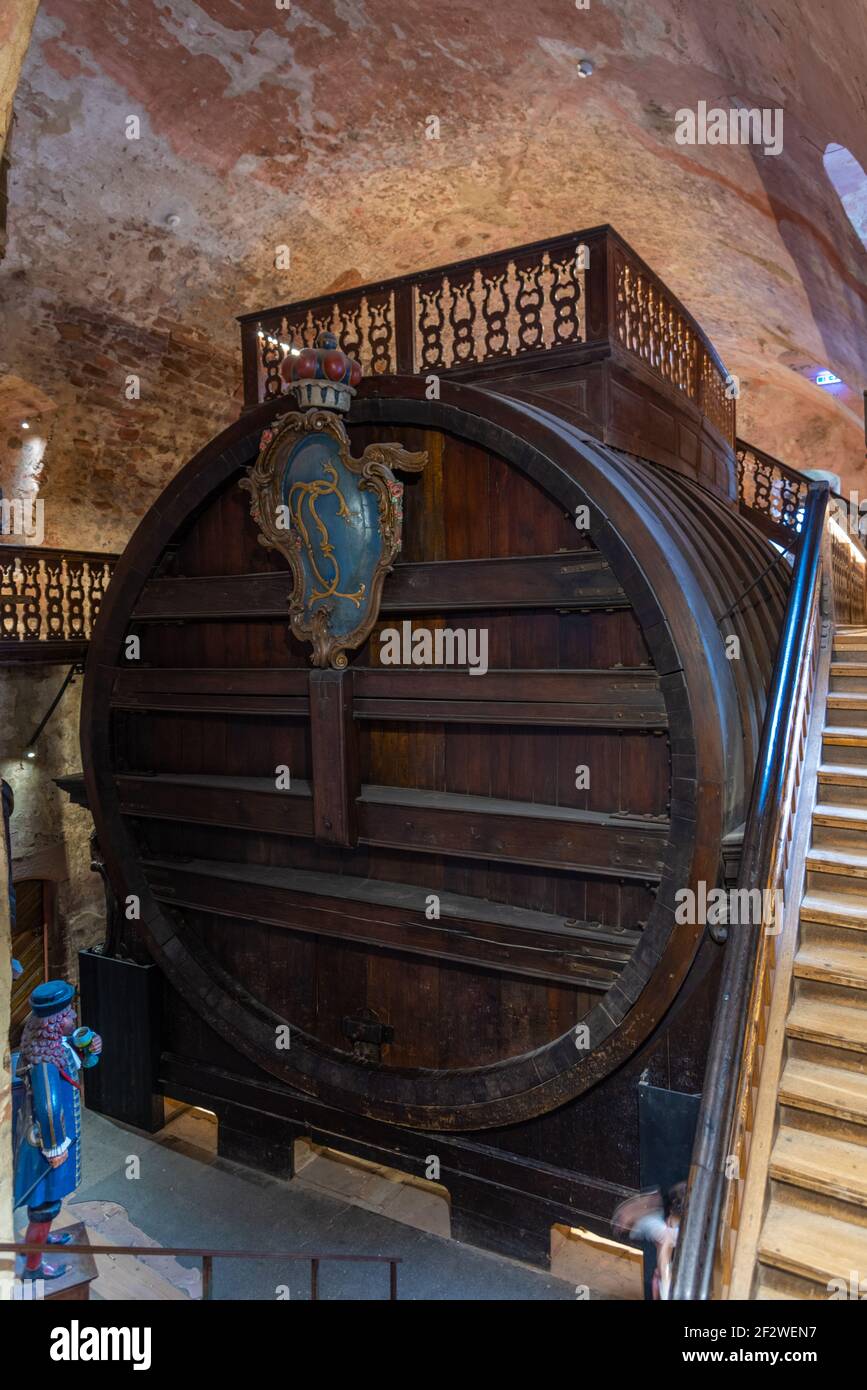 Grande Heidelberg Tun, è una grande iva del vino contenuta all'interno delle cantine del Castello di Heidelberg., Germania Foto Stock