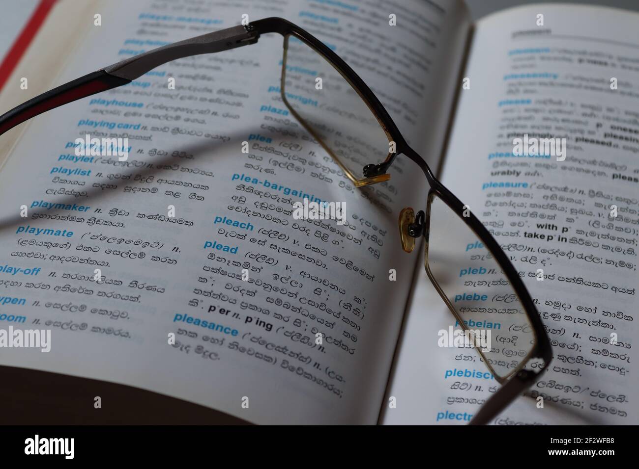 Il lettore è stanco sul suo dizionario, ha tenuto i suoi occhiali sul libro. Foto Stock
