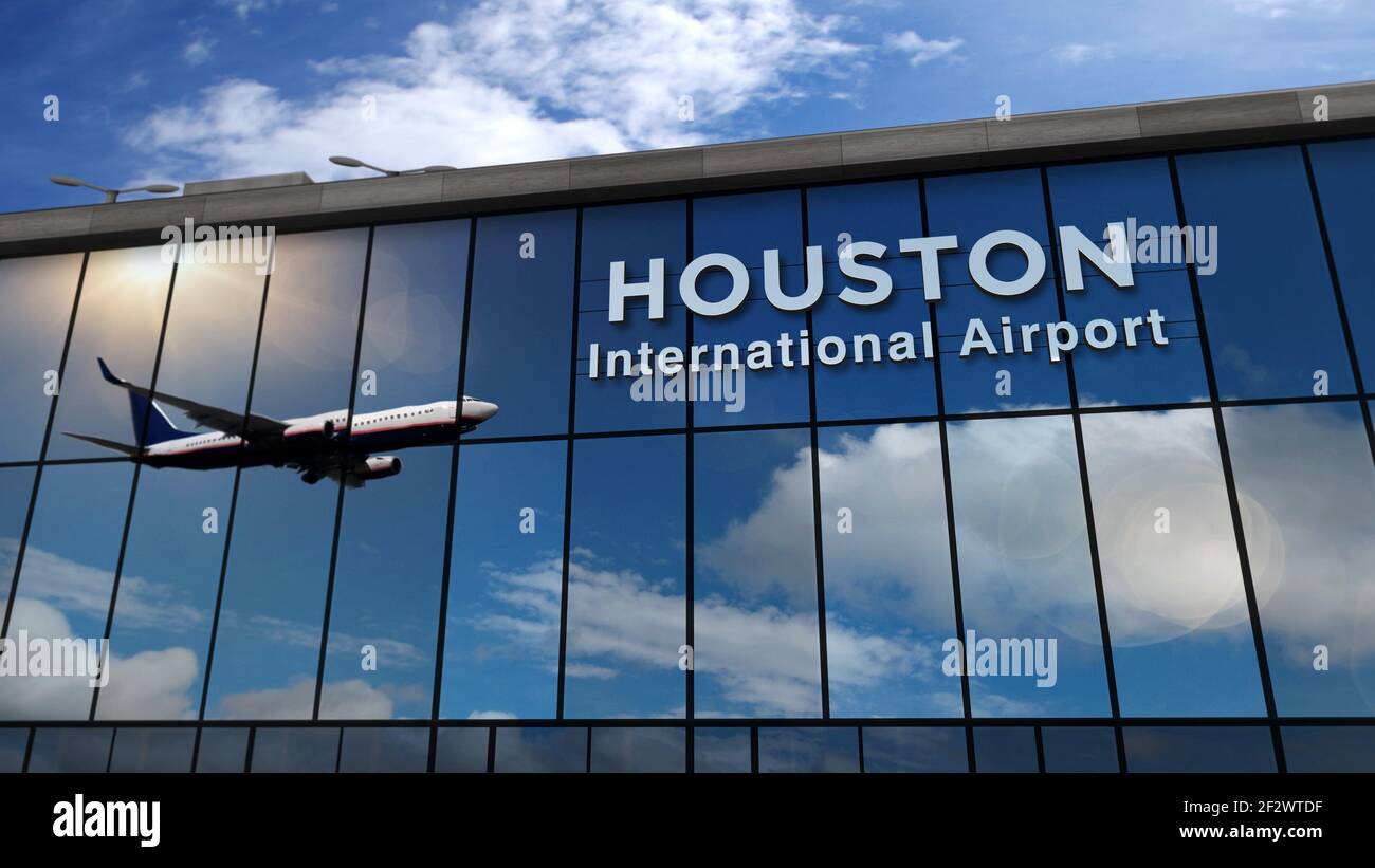 Jet Aircraft atterrando a Houston, Texas, USA illustrazione del rendering 3D. Arrivo in città con il terminal dell'aeroporto di vetro e riflesso dell'aereo Foto Stock