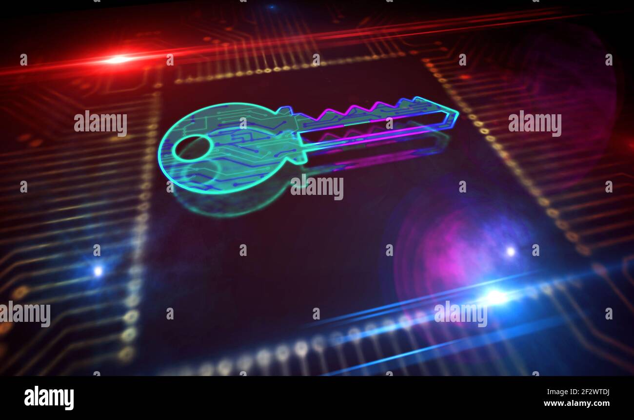 Privacy, sicurezza delle password del computer, protezione dei dati e crittografia. Concetto di sicurezza informatica. Illustrazione astratta del rendering 3d. Processore con simbolo chiave Foto Stock