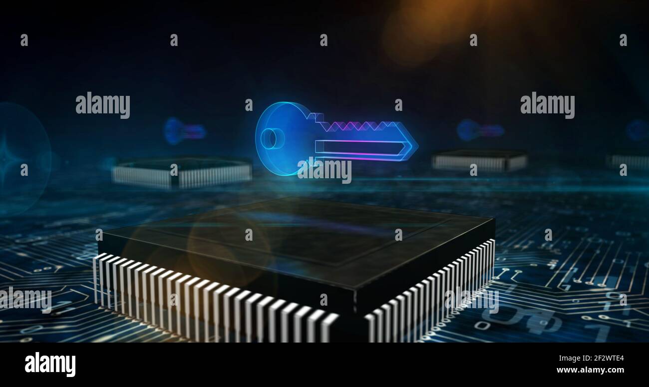 Privacy, sicurezza delle password del computer, protezione dei dati e simbolo della chiave di crittografia. Concetto di sicurezza informatica. Illustrazione 3D della tecnologia futuristica. Scheda cir Foto Stock
