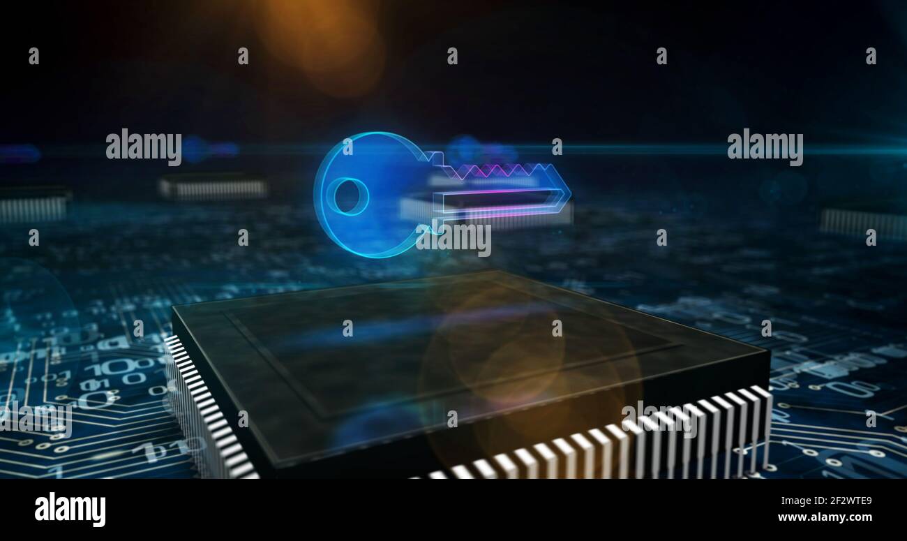 Privacy, sicurezza delle password del computer, protezione dei dati e simbolo della chiave di crittografia. Concetto di sicurezza informatica. Illustrazione 3D della tecnologia futuristica. Scheda cir Foto Stock