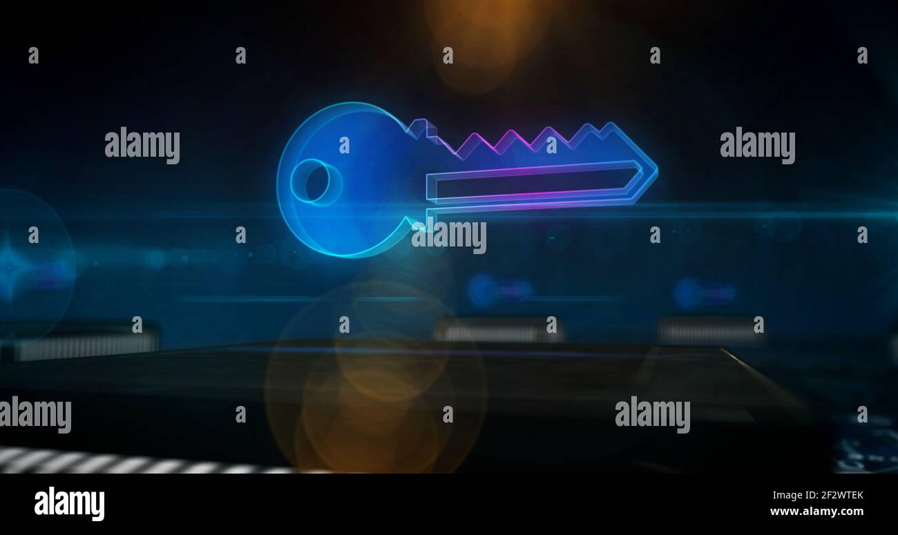 Privacy, sicurezza delle password del computer, protezione dei dati e simbolo della chiave di crittografia. Concetto di sicurezza informatica. Illustrazione 3D della tecnologia futuristica. Scheda cir Foto Stock