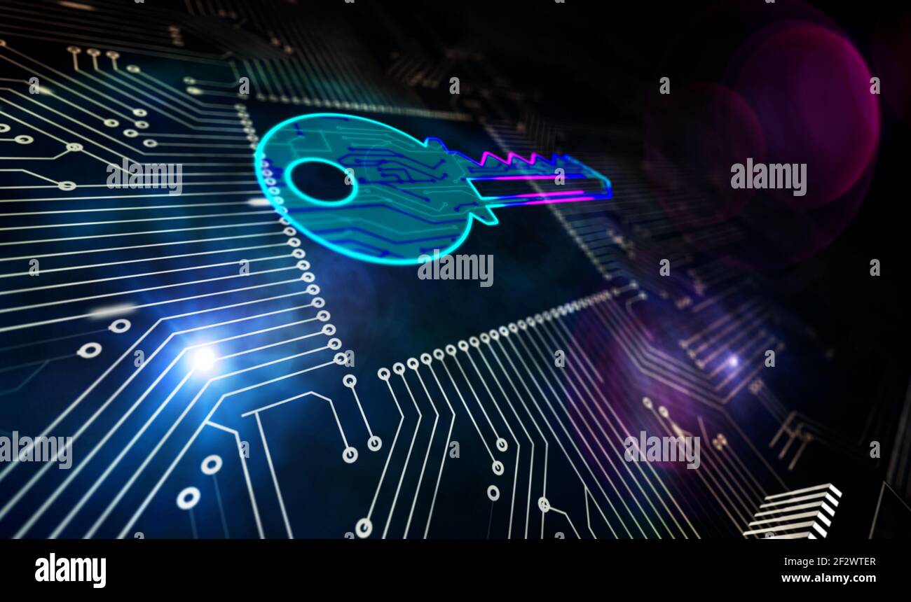 Privacy, sicurezza delle password del computer, protezione dei dati e crittografia. Concetto di sicurezza informatica. Illustrazione astratta del rendering 3d. Processore con simbolo chiave Foto Stock