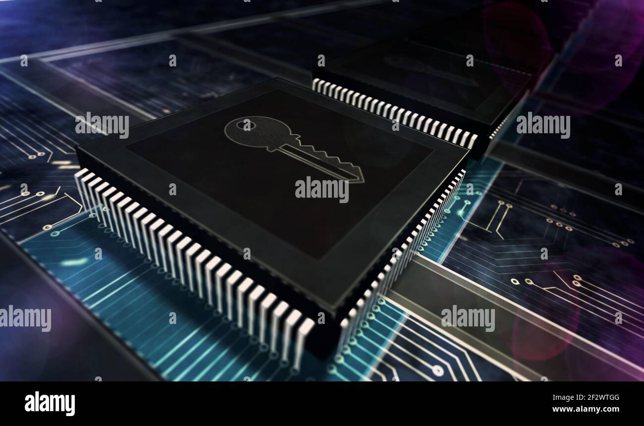 Privacy, sicurezza delle password del computer, protezione dei dati e crittografia. Concetto di sicurezza informatica. Illustrazione astratta del rendering 3d. Processore con simbolo chiave Foto Stock