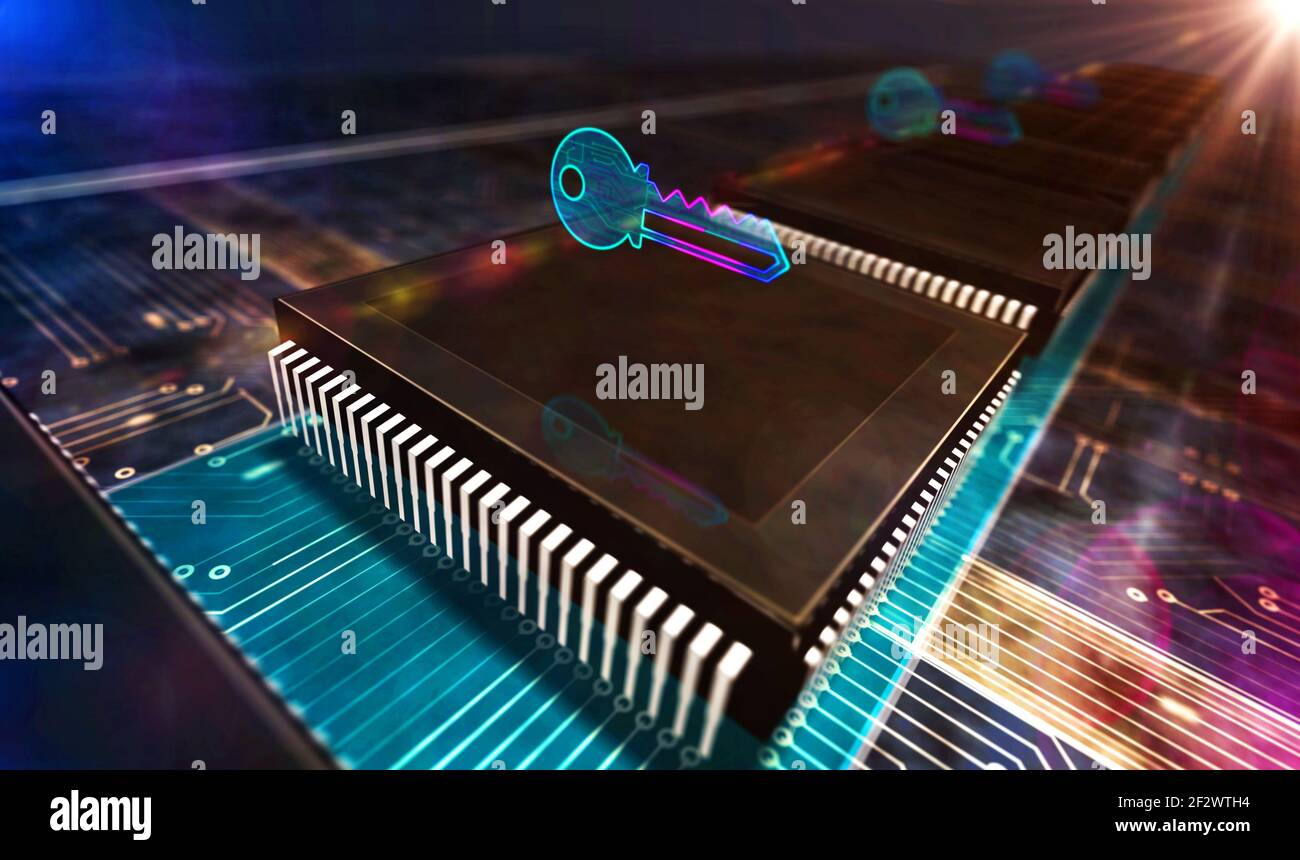 Privacy, sicurezza delle password del computer, protezione dei dati e crittografia. Concetto di sicurezza informatica. Illustrazione astratta del rendering 3d. Processore con simbolo chiave Foto Stock