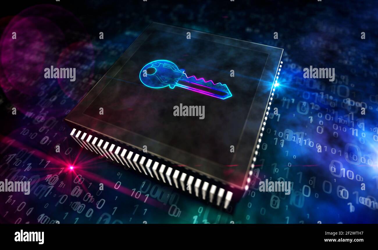 Privacy, sicurezza delle password del computer, protezione dei dati e crittografia. Concetto di sicurezza informatica. Illustrazione astratta del rendering 3d. Processore con simbolo chiave Foto Stock