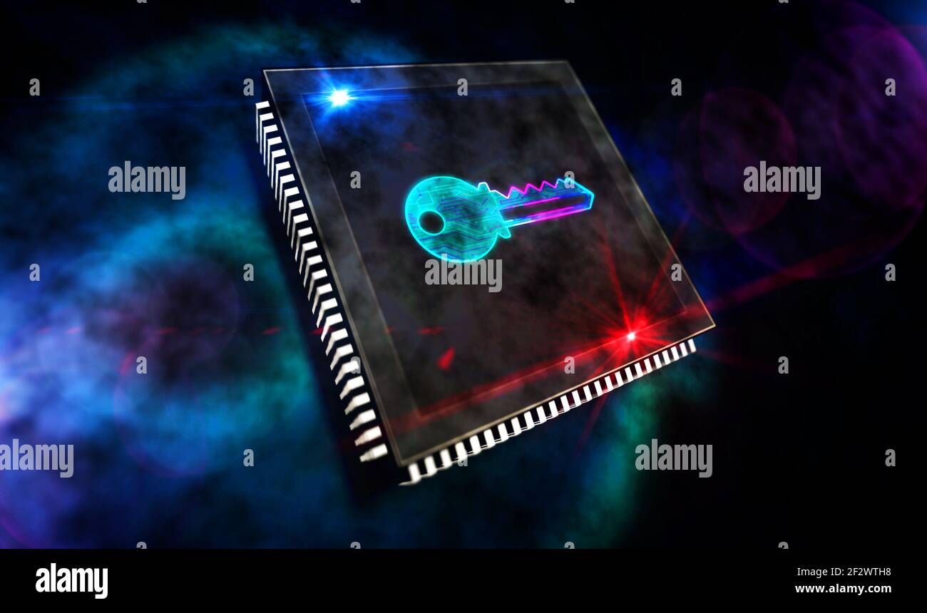 Privacy, sicurezza delle password del computer, protezione dei dati e crittografia. Concetto di sicurezza informatica. Illustrazione astratta del rendering 3d. Processore con simbolo chiave Foto Stock