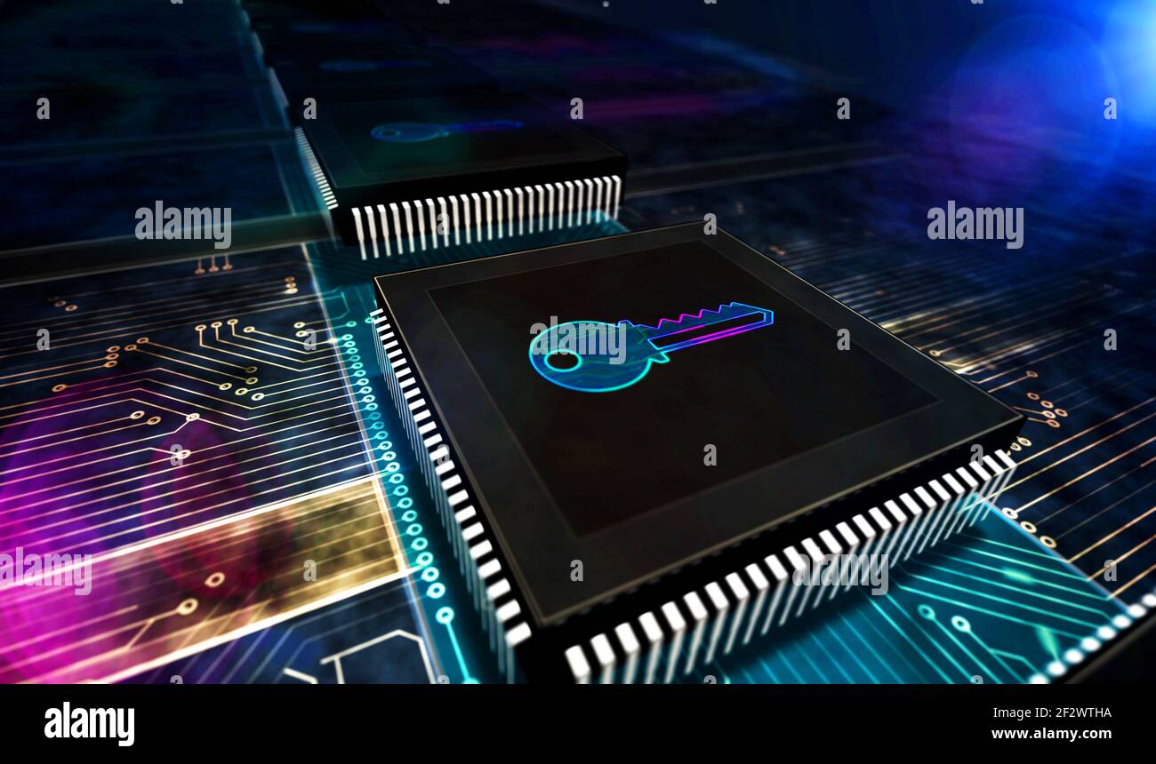 Privacy, sicurezza delle password del computer, protezione dei dati e crittografia. Concetto di sicurezza informatica. Illustrazione astratta del rendering 3d. Processore con simbolo chiave Foto Stock