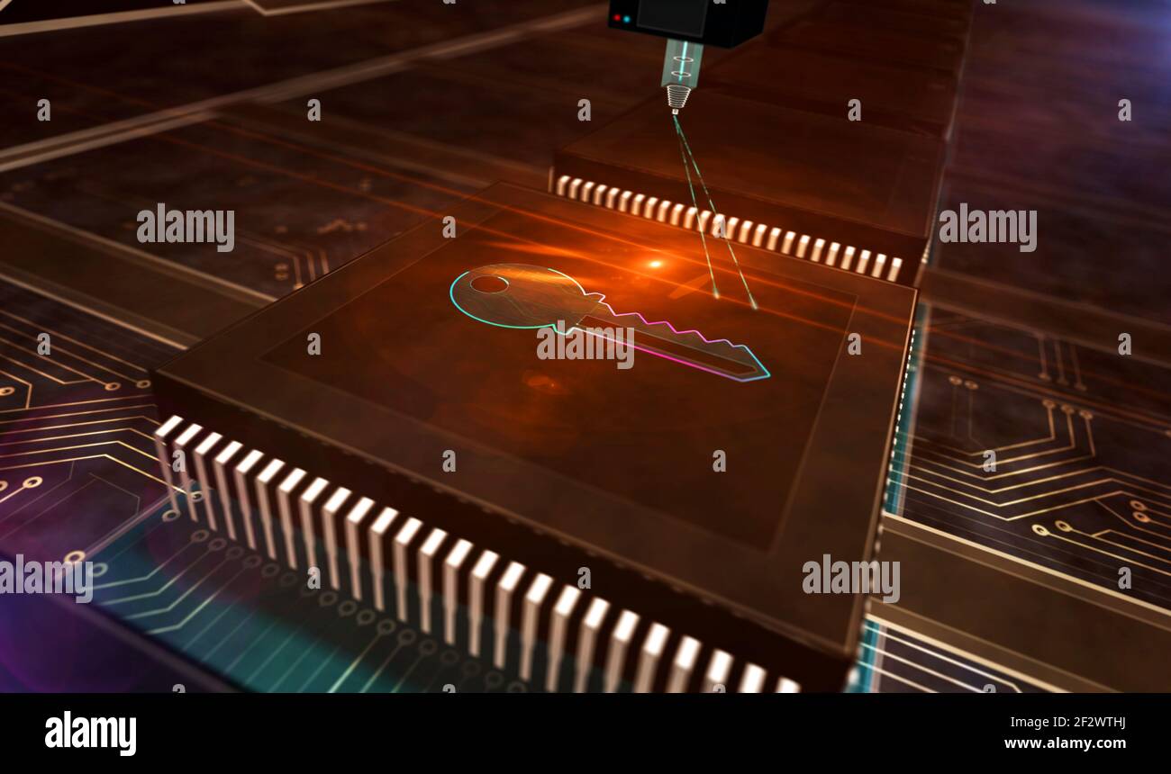 Privacy, sicurezza delle password del computer, protezione dei dati e crittografia. Concetto di sicurezza informatica. Illustrazione astratta del rendering 3d. Processore con simbolo chiave Foto Stock