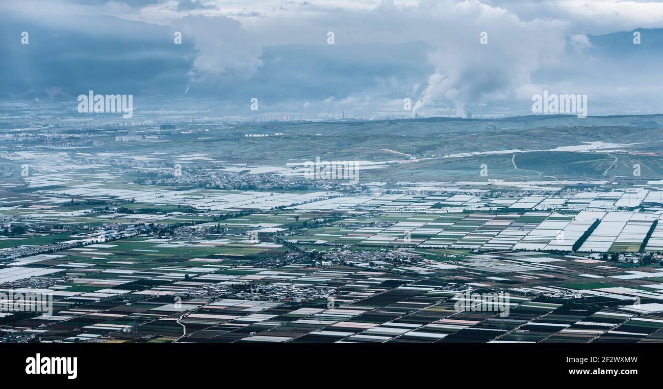 vista aerea dei terreni agricoli coltivati in una città agricola. Foto Stock