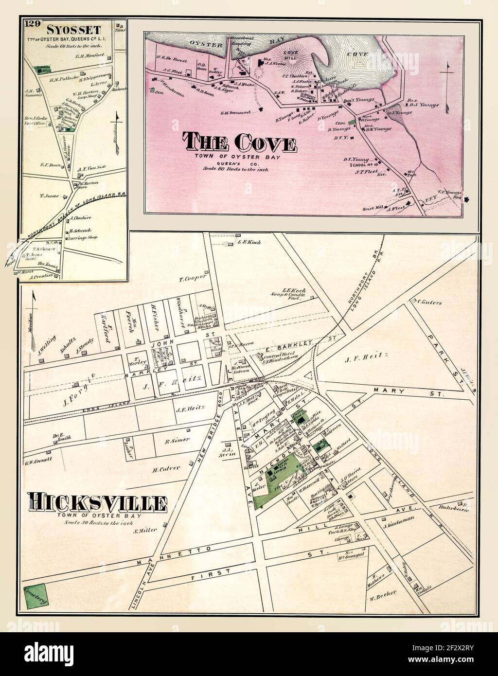 Oyster Bay, Long Island, NY, 1873 Mappe della zona. Titolo: 'Hicksville, Città di Oyster Bay. - The Cove, Città di Oyster Bay. - Syosset, Città di Oyster Bay, Queens Co. L.I.' Old Beers mappa di tre sezioni all'interno della città di Oyster Bay, New York. Presenta nomi di strade, proprietari di proprietà, ferrovie e nomi di località. Pubblicato nel 1873. Foto Stock